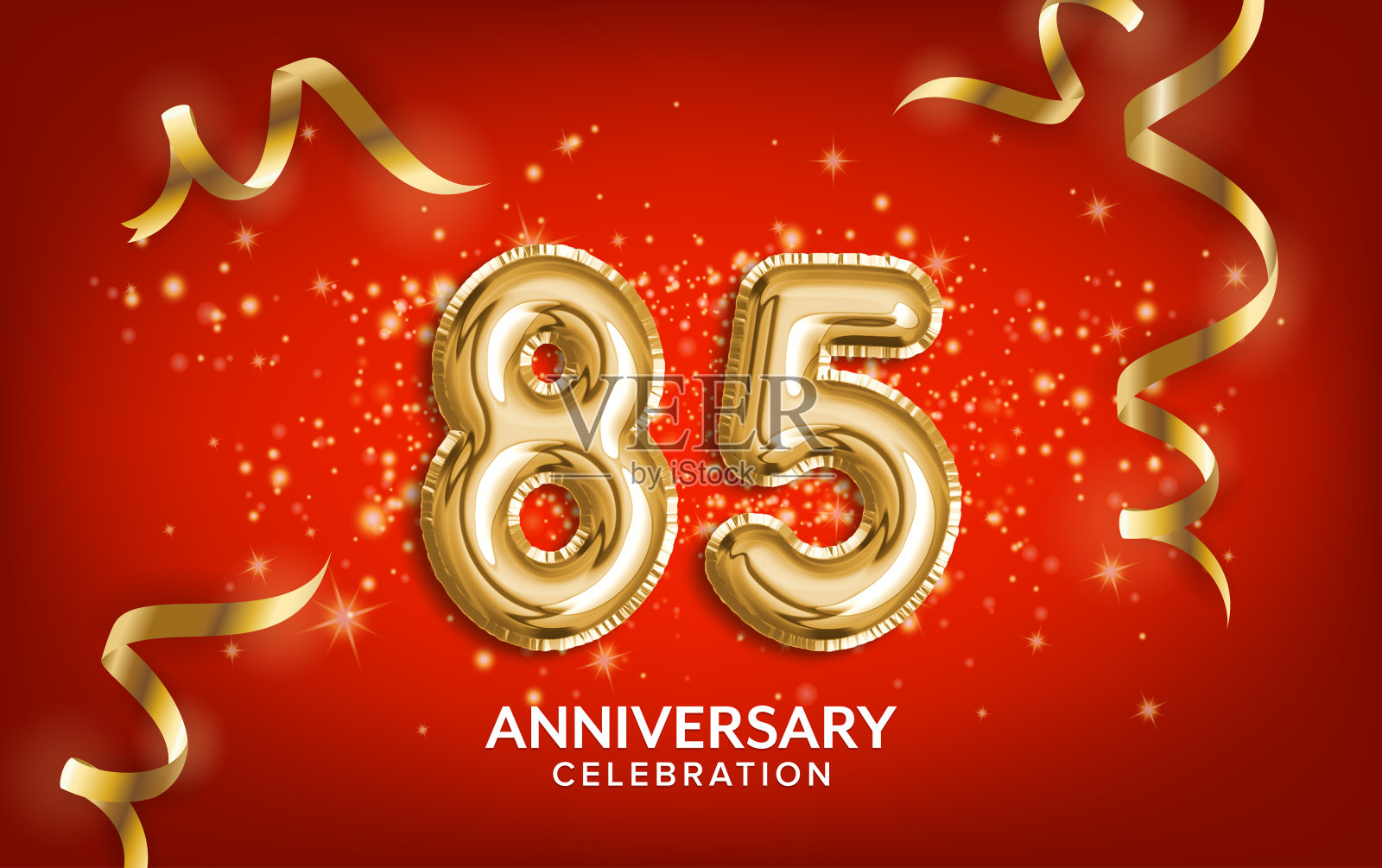 85周年庆典。周年庆祝气球金色蛇形和五彩纸屑在红色的背景。照片摄影图片