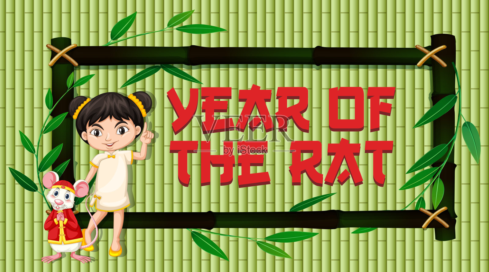 贺年卡模板与中国女孩和老鼠插画图片素材