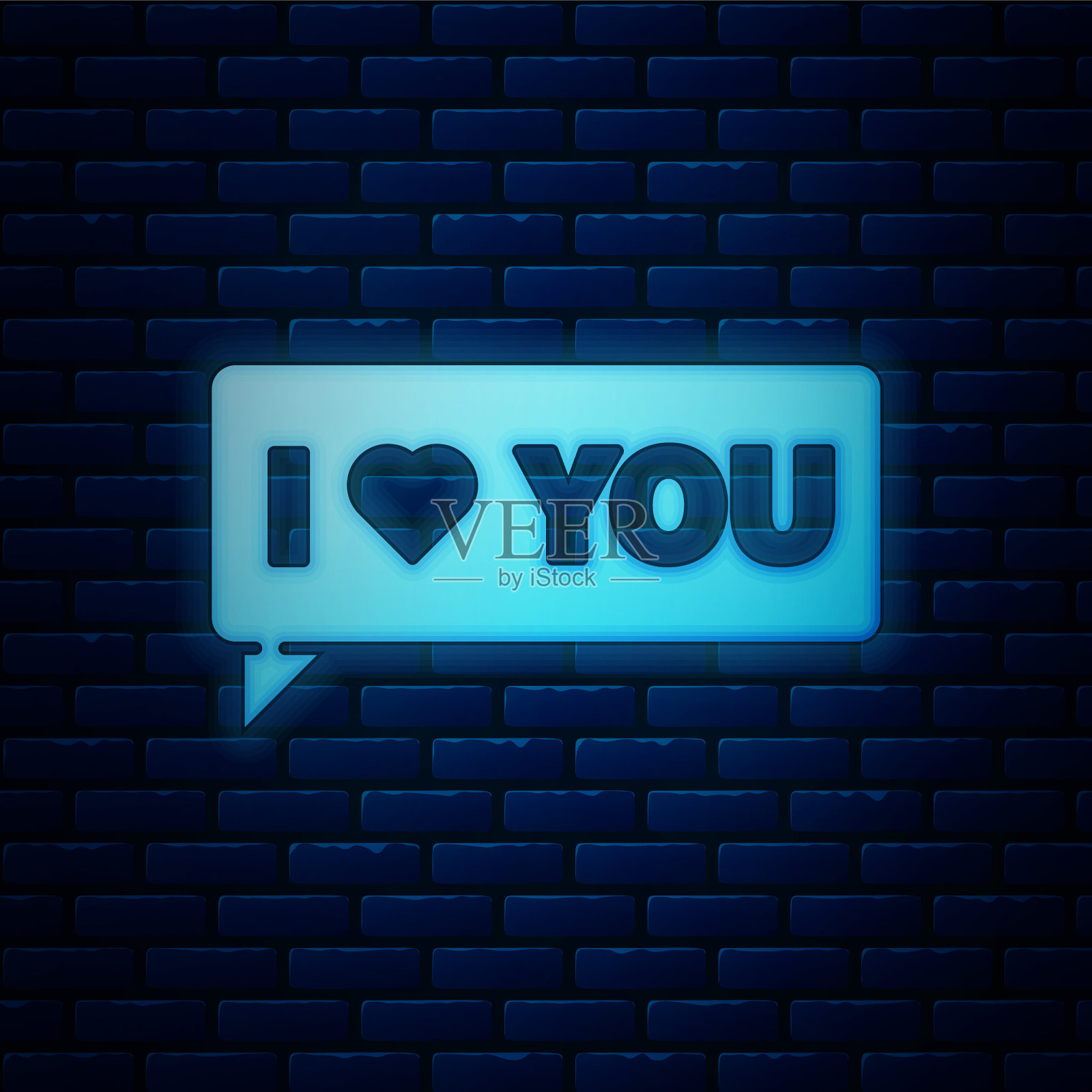 发光的霓虹灯语音气泡与文字我爱你图标孤立在砖墙背景。情人节。矢量图插画图片素材