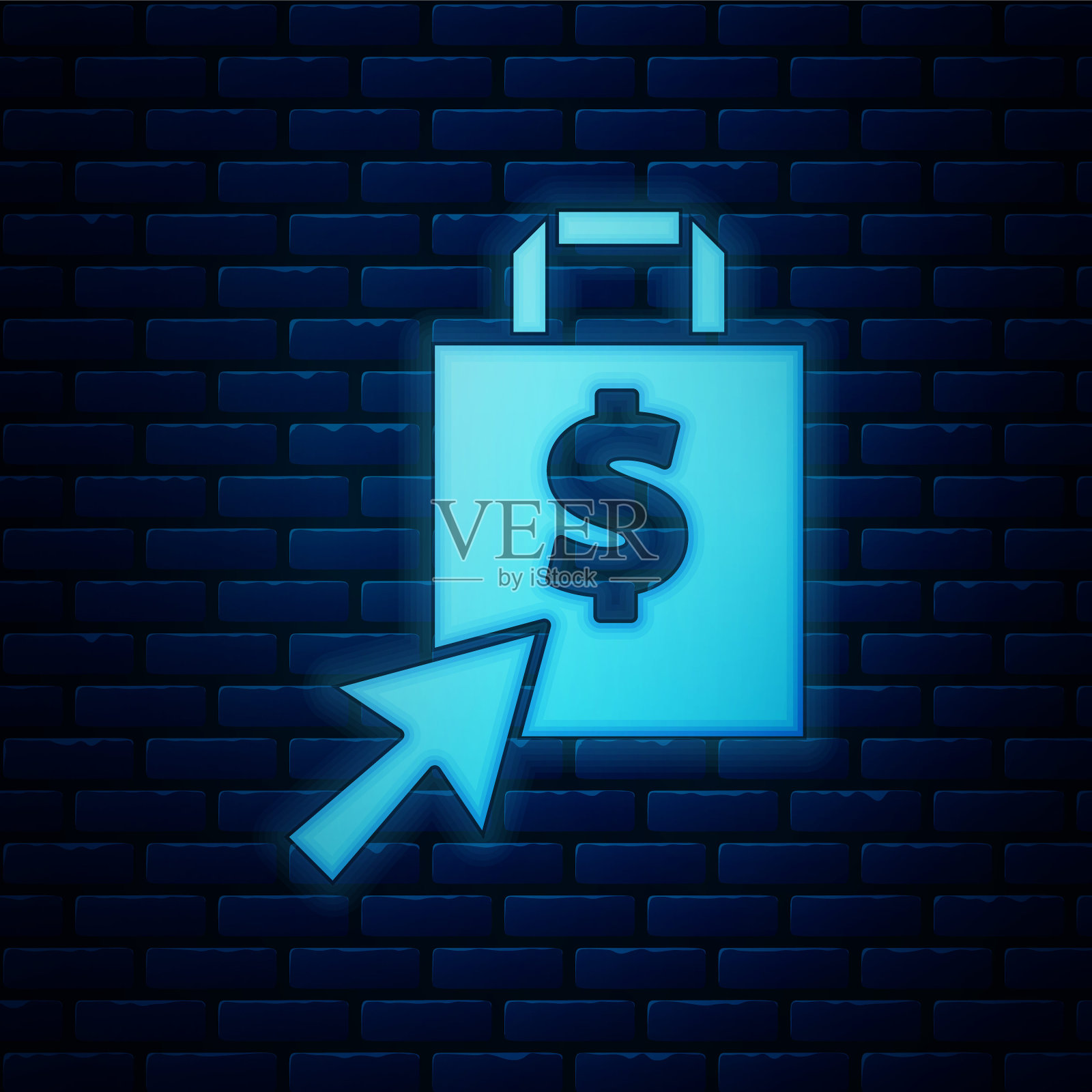 霓虹灯购物袋和美元图标孤立在砖墙的背景。手提包的迹象。女人包图标。女性手袋的迹象。矢量图插画图片素材