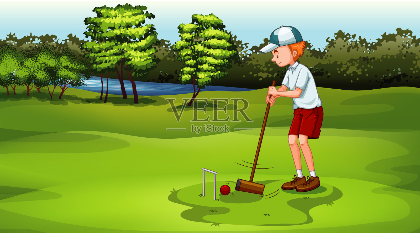 男人在球场上打曲棍球的场景插画图片素材