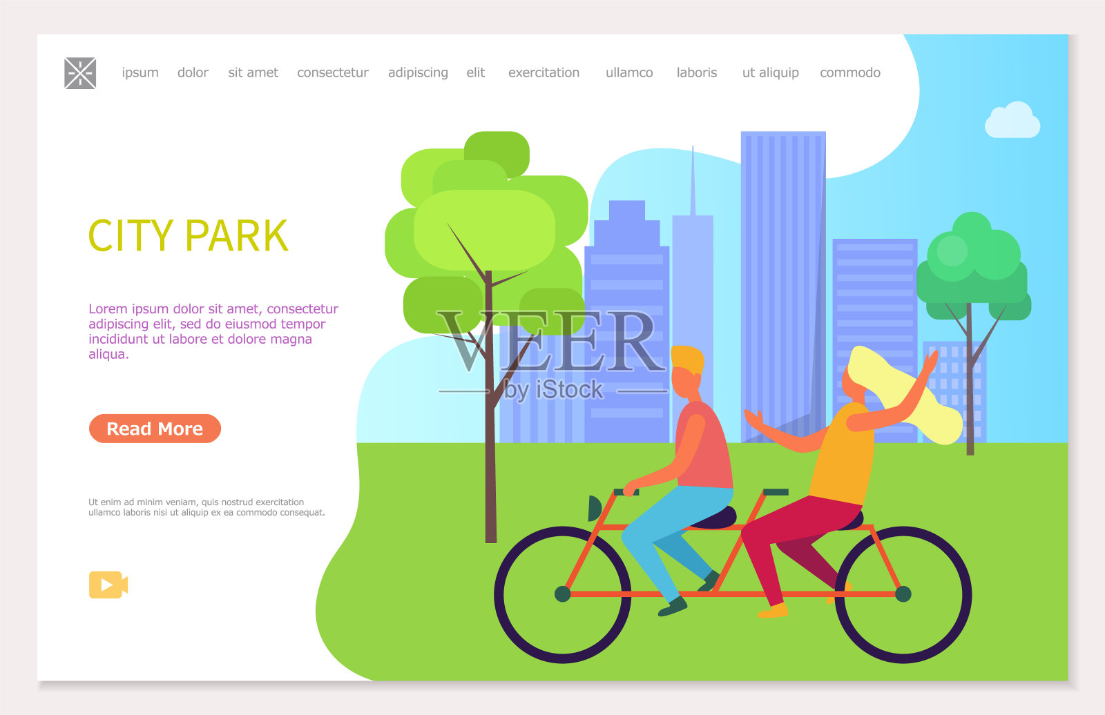 有趣的年轻夫妇骑自行车，城市公园向量插画图片素材