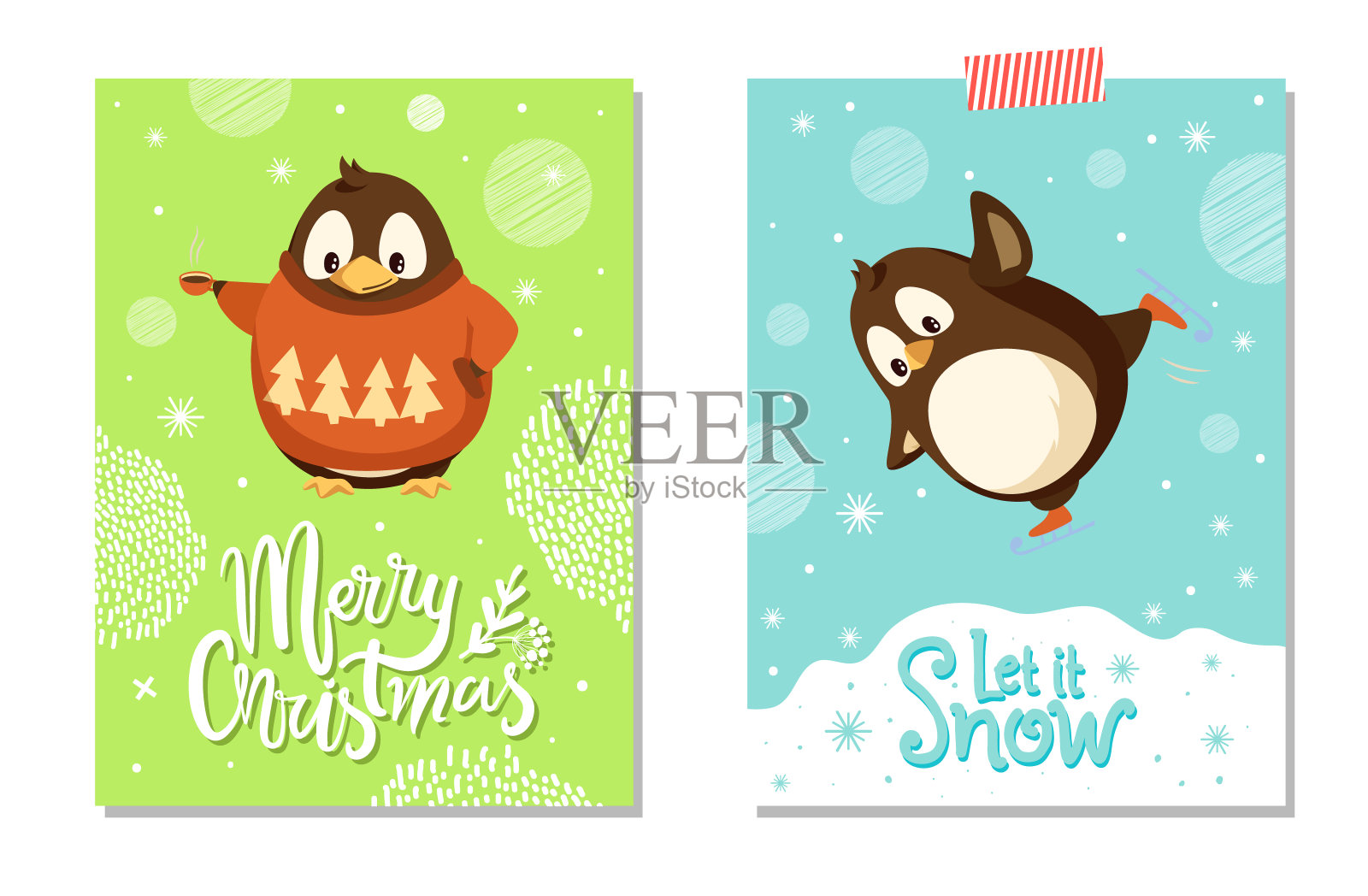 圣诞贺卡 穿毛衣的企鹅溜冰设计模板素材