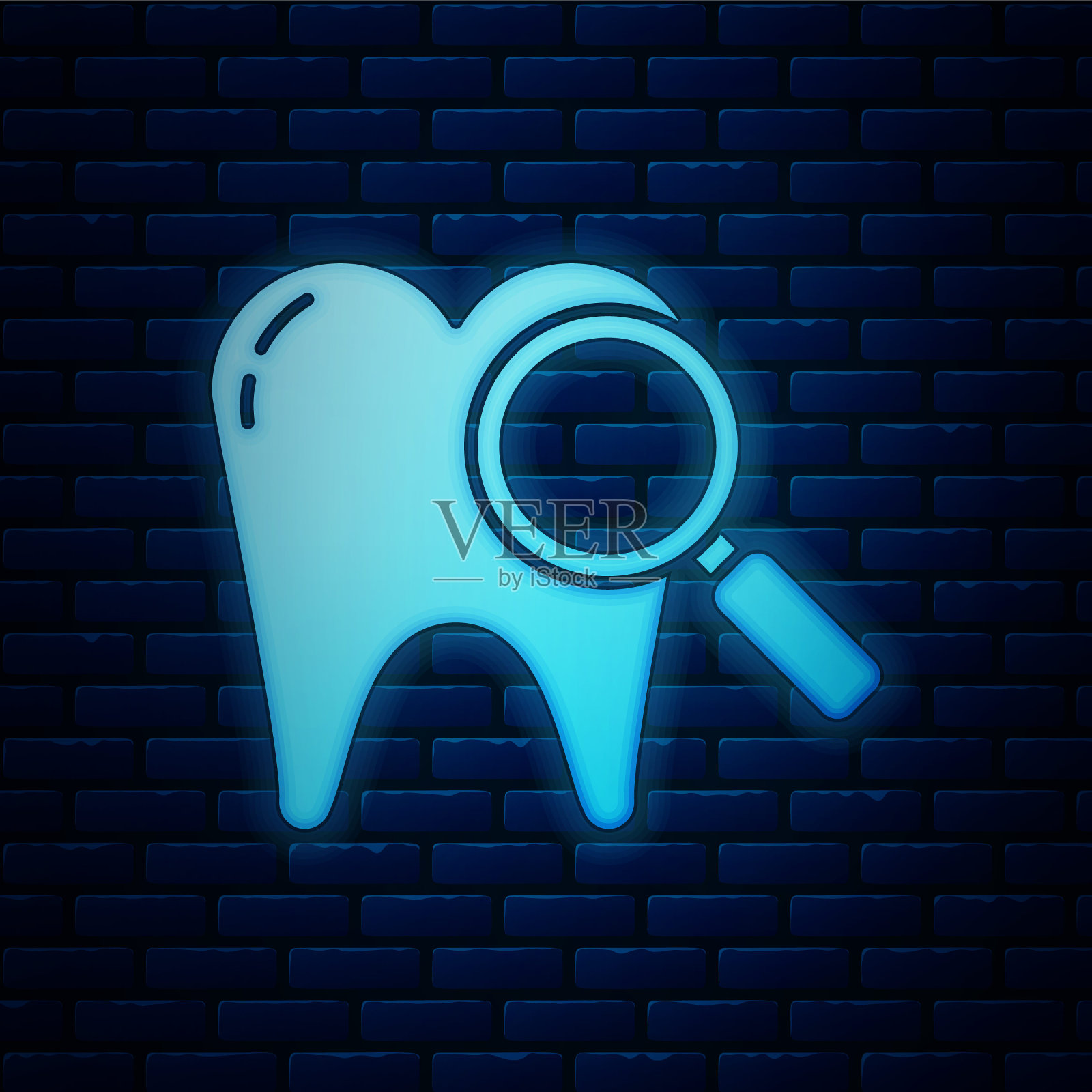发光的霓虹灯牙科搜索图标孤立在砖墙的背景。牙科诊所或牙科医疗中心的牙齿符号。矢量图插画图片素材