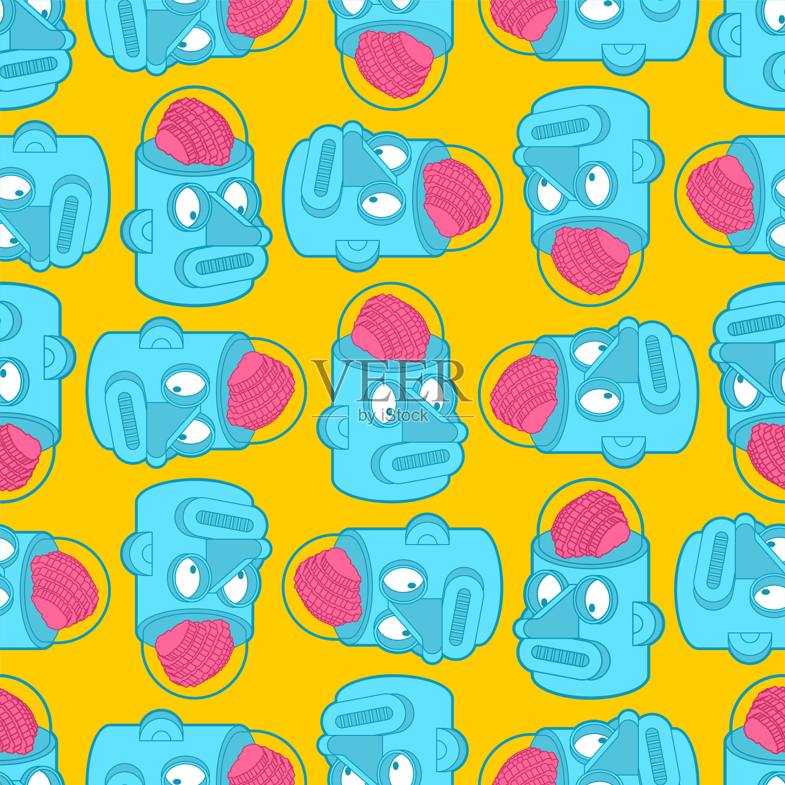 人工智能模式无缝。有大脑背景的机器人。复古机器人头和大脑。矢量纹理插画图片素材