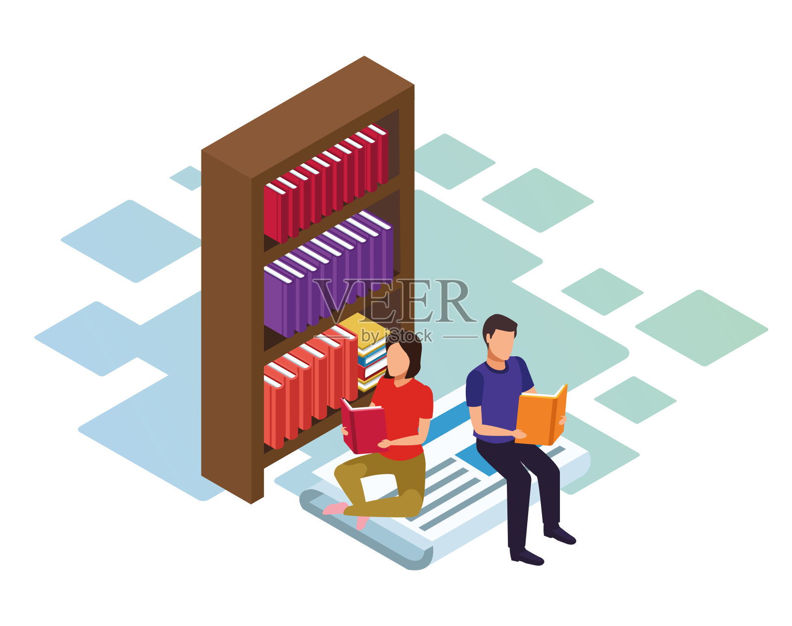 书架和情侣读物，色彩鲜艳的设计插画图片素材