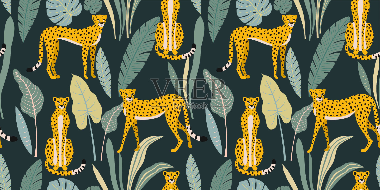 豹纹热带叶。向量无缝纹理。插画图片素材