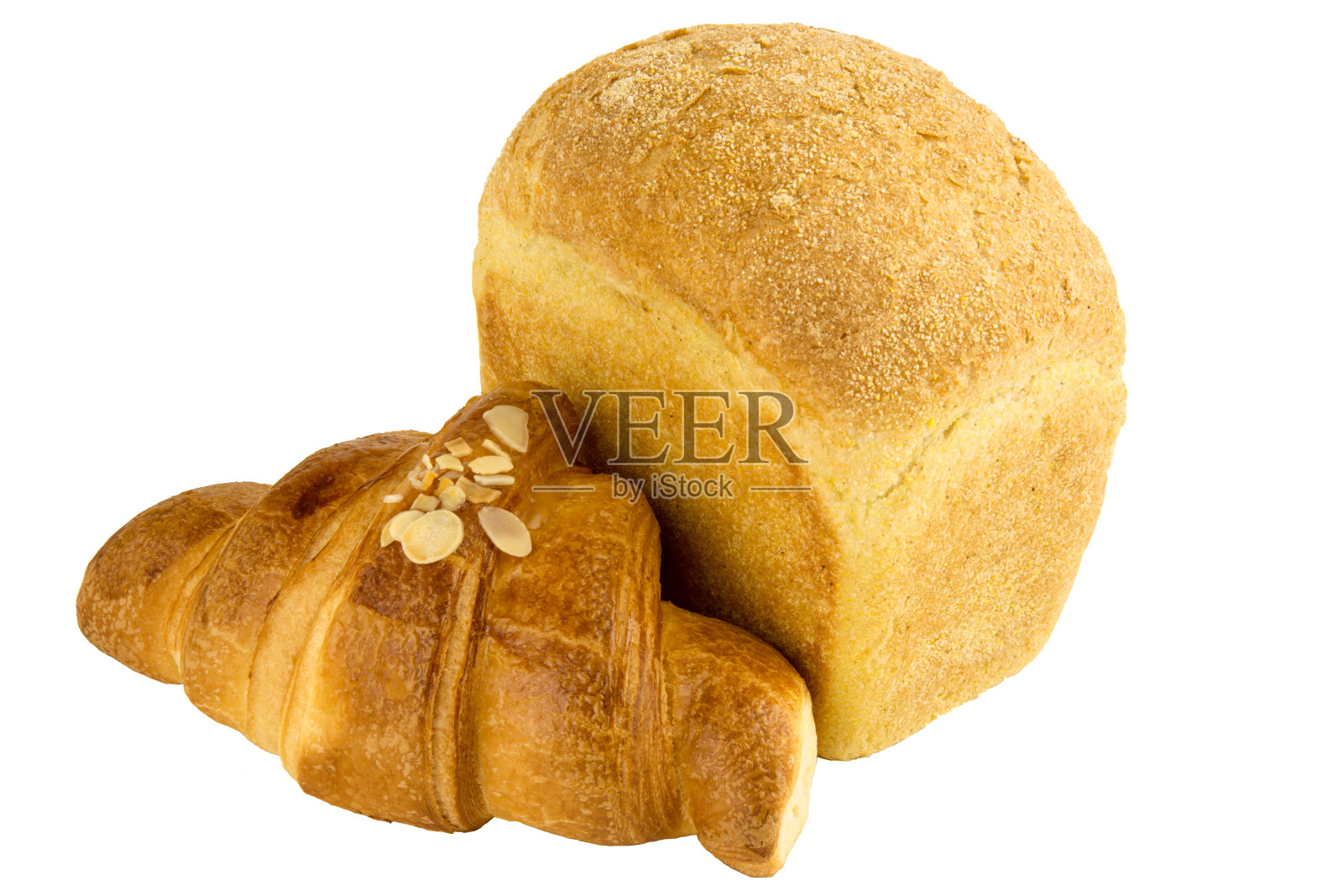 法国牛角面包，杏仁片和玉米面包孤立在白色背景照片摄影图片