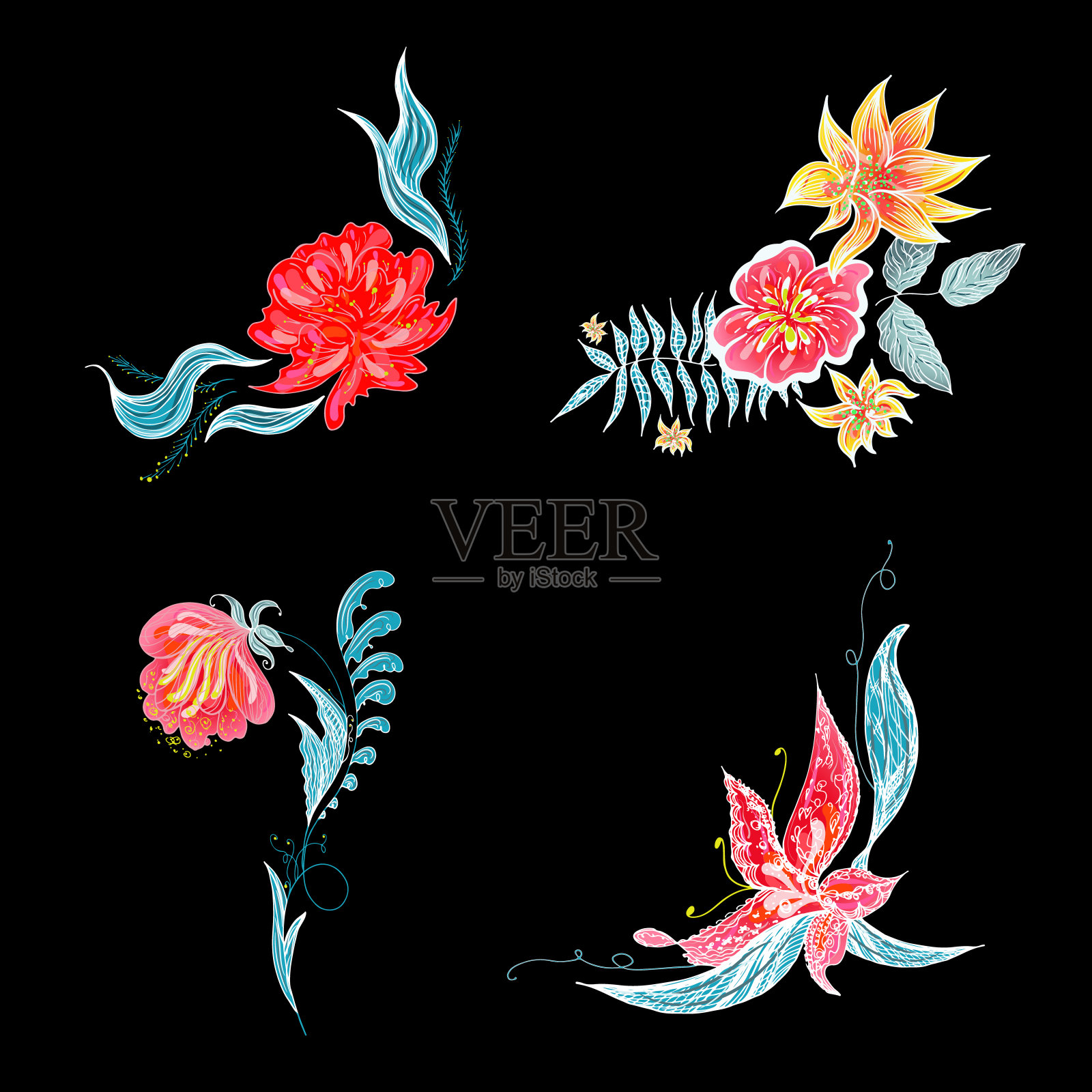 一套4夏季彩色热带花卉。花植物花孤立地在黑色背景上。手绘矢量集合。自然植物夏威夷。热带棕榈图标。夏威夷插图插画图片素材