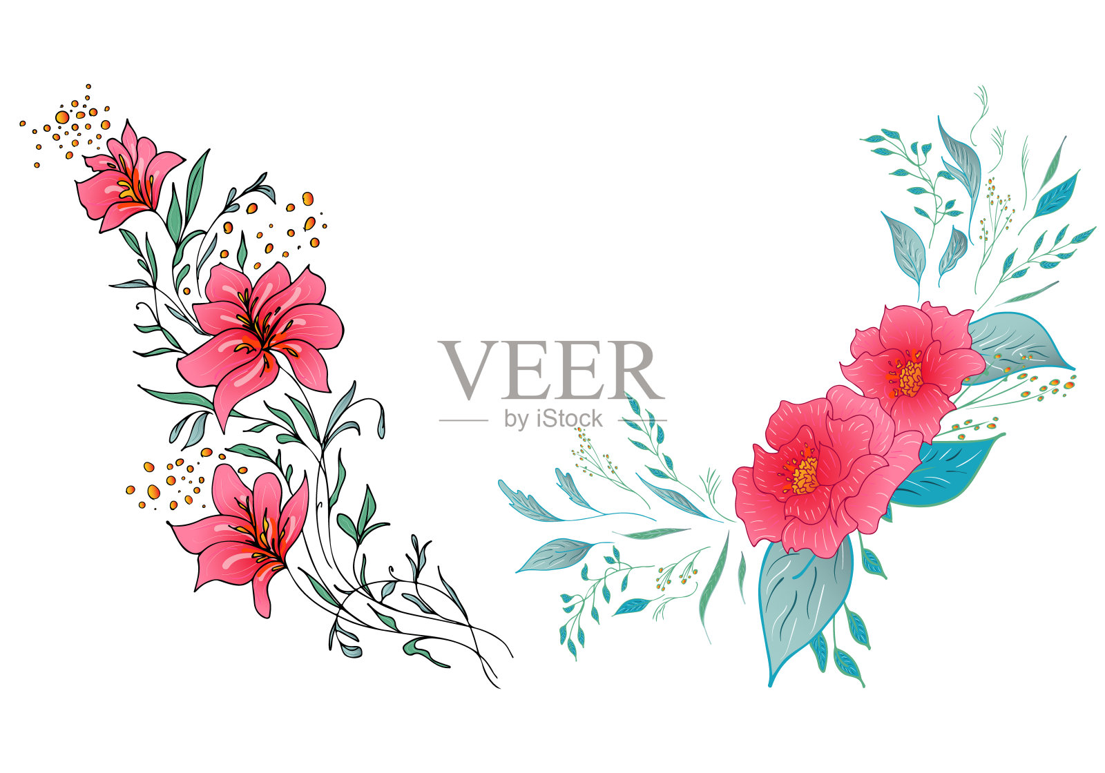 两套夏季彩色热带花卉。花植物花孤立地在白色背景上。手绘矢量集合。自然植物夏威夷。热带棕榈图标。夏威夷插图插画图片素材