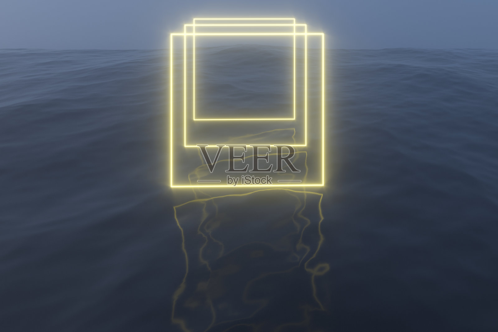 发光的框架漂浮在晚上的湖上，3d渲染。照片摄影图片