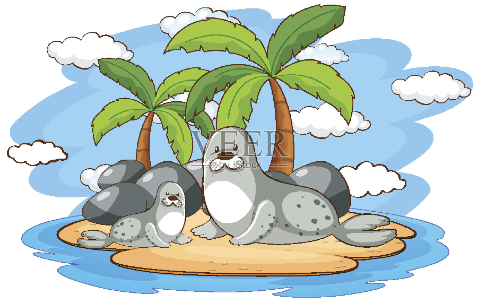 岛上有两只海豹插画图片素材