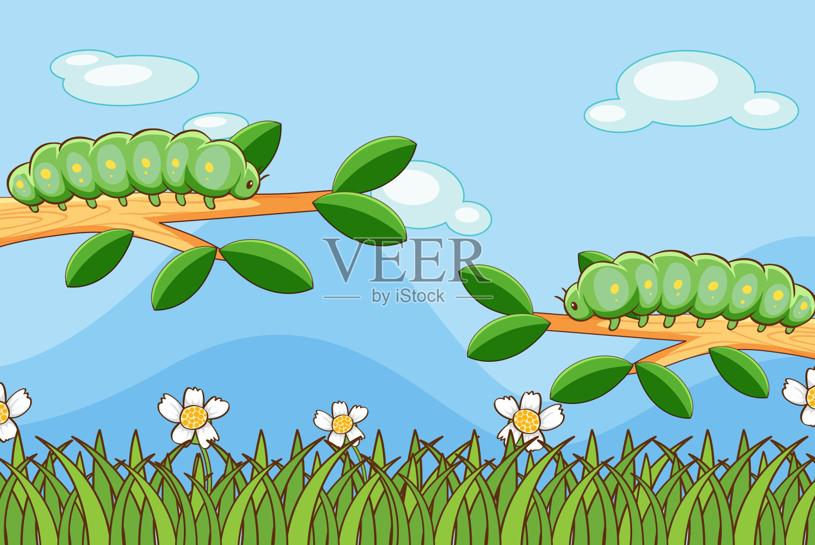 树枝上有毛毛虫的场景插画图片素材