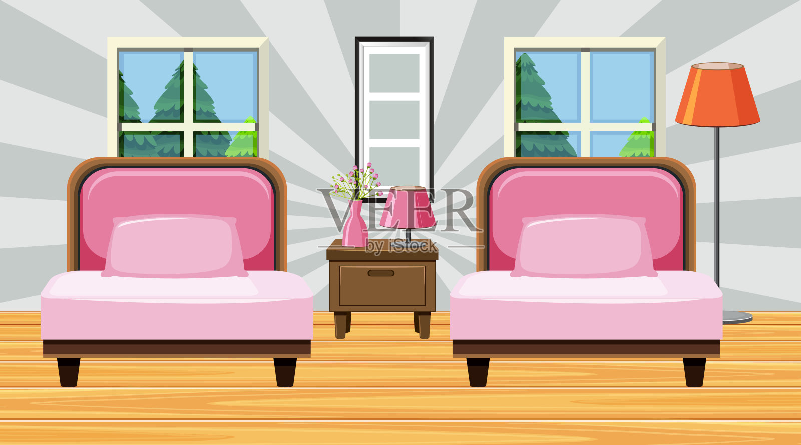 有粉色沙发和靠垫的房间插画图片素材
