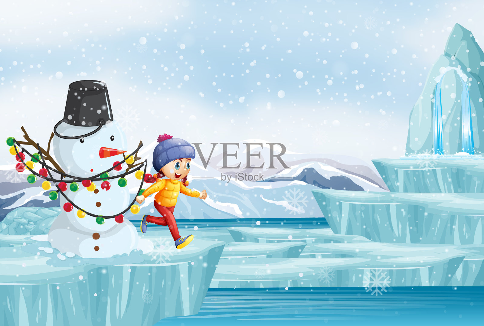 雪人和小女孩的场景插画图片素材