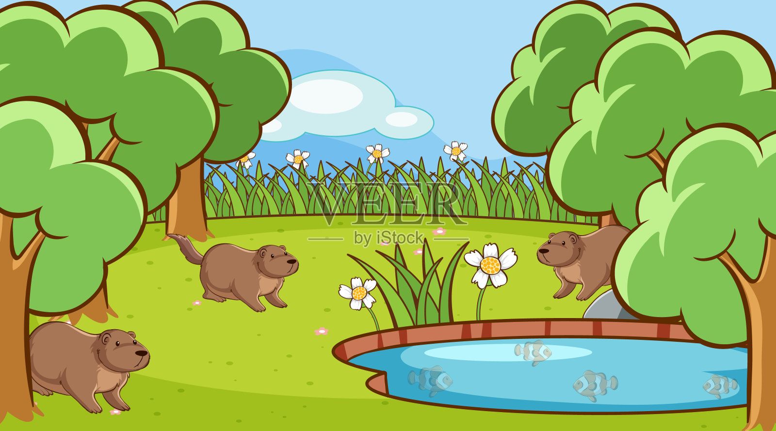 花园里土拨鼠的场景插画图片素材
