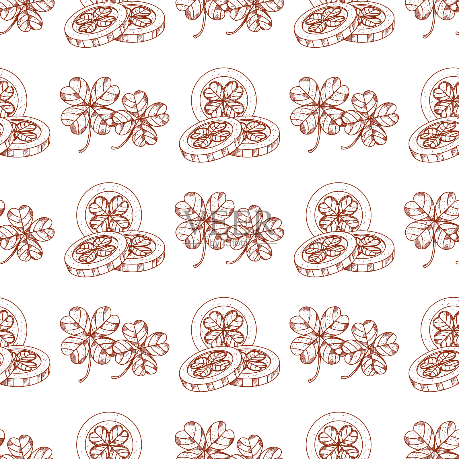 三叶草和硬币的无缝图案。插画图片素材