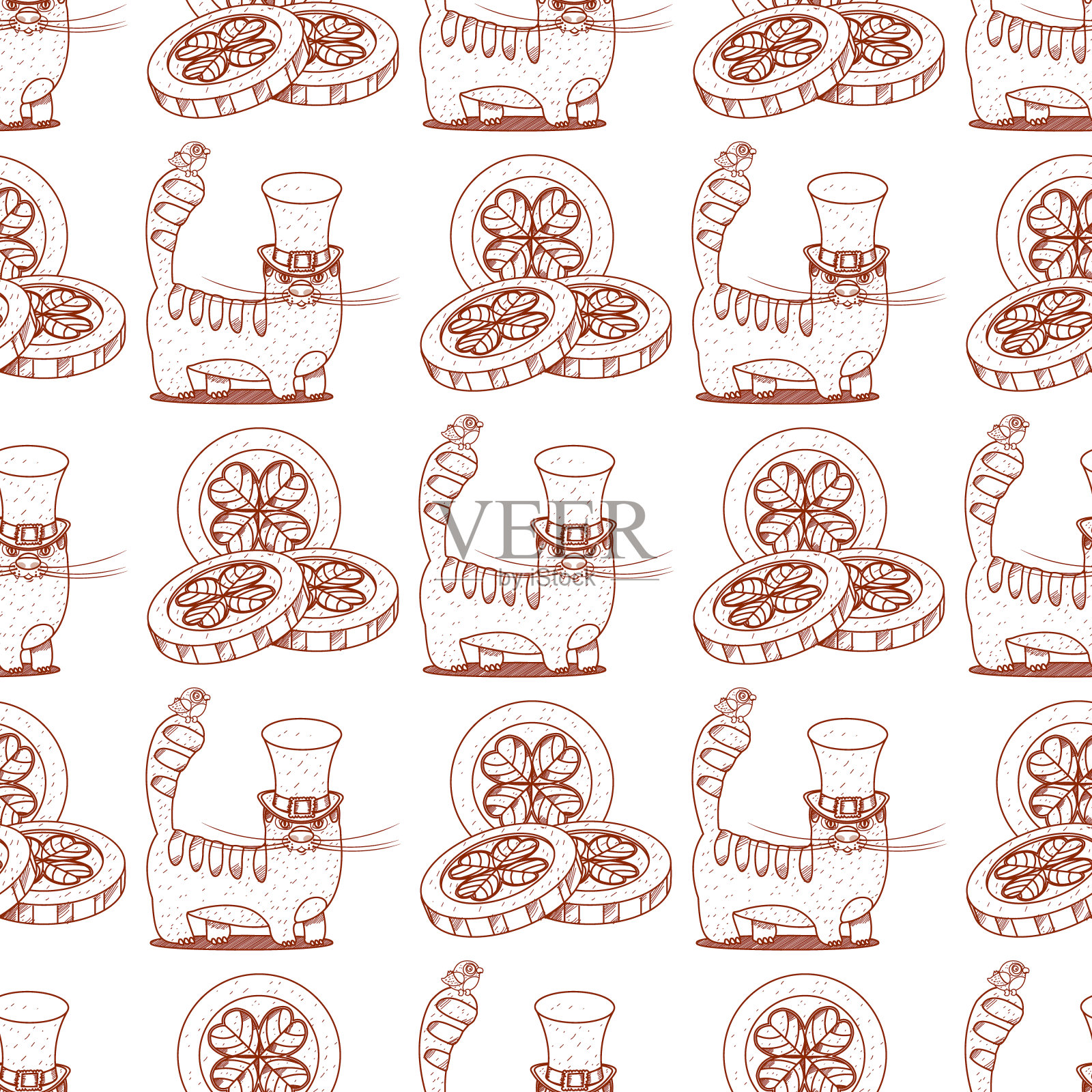 无缝图案与猫和硬币与三叶草插画图片素材