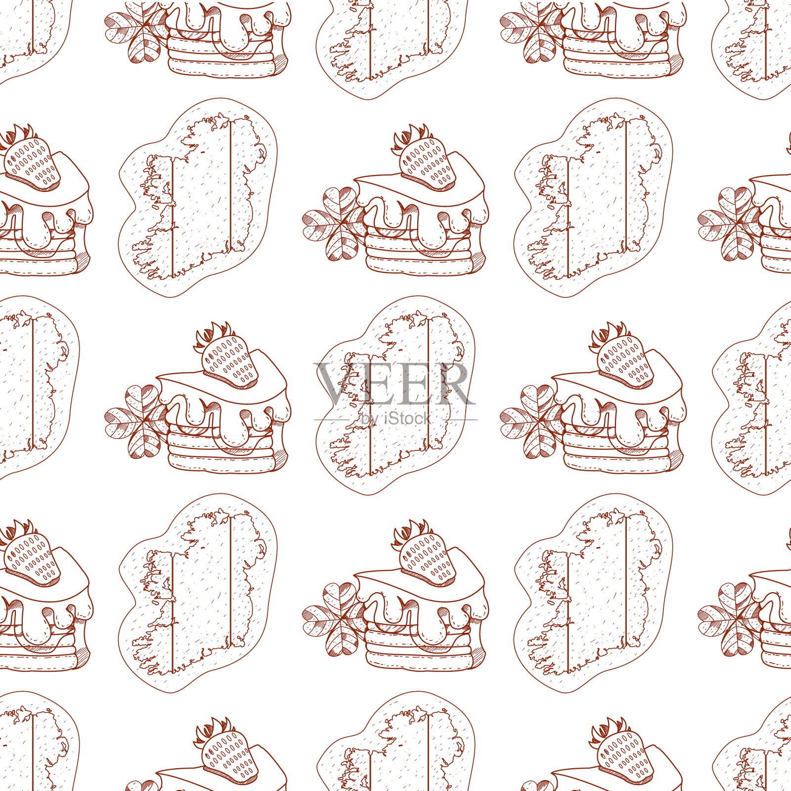 无缝图案与爱尔兰的等高线地图和一片草莓蛋糕插画图片素材