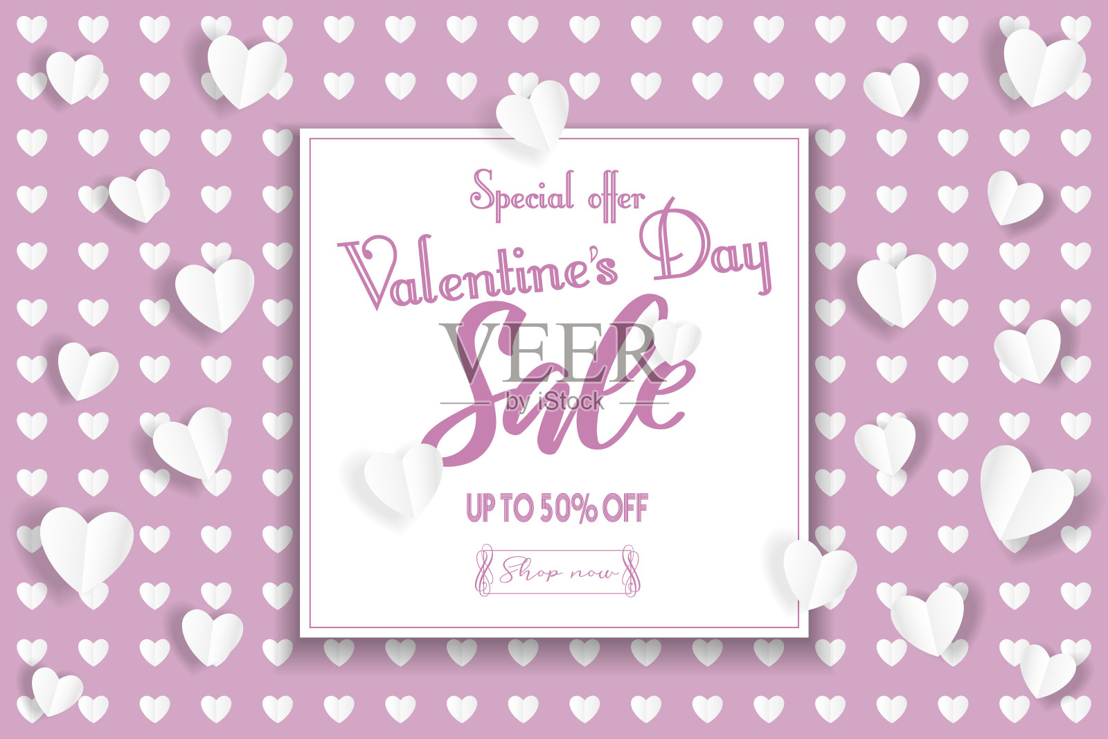 情人节打折优惠横幅背景。情人节礼物传单，广告广告，市场推广。矢量插图设计。适用于市场、商店、互联网、网络销售。与现实的框架和心形模板插画图片素材