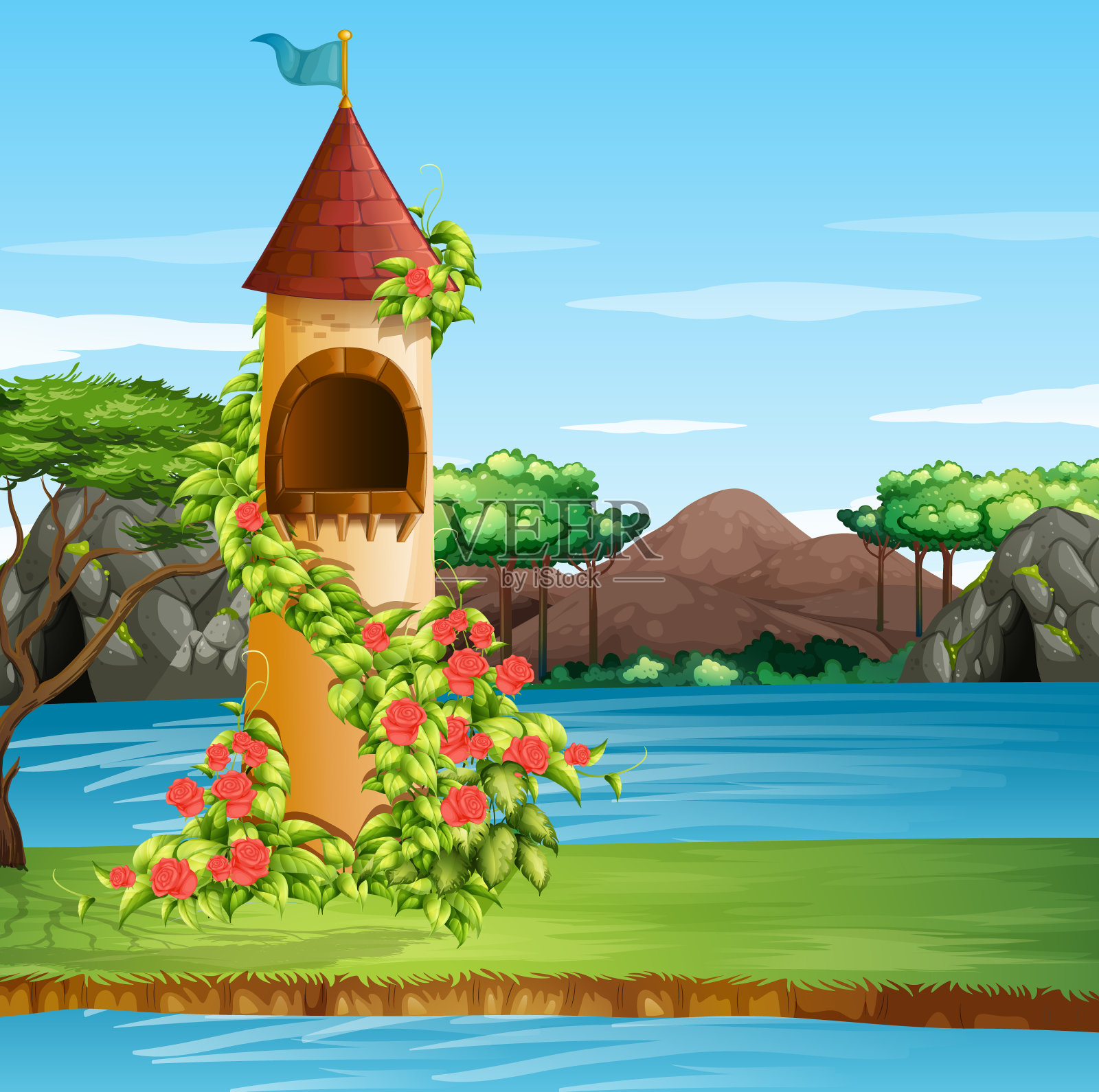 景色高塔满是鲜花插画图片素材