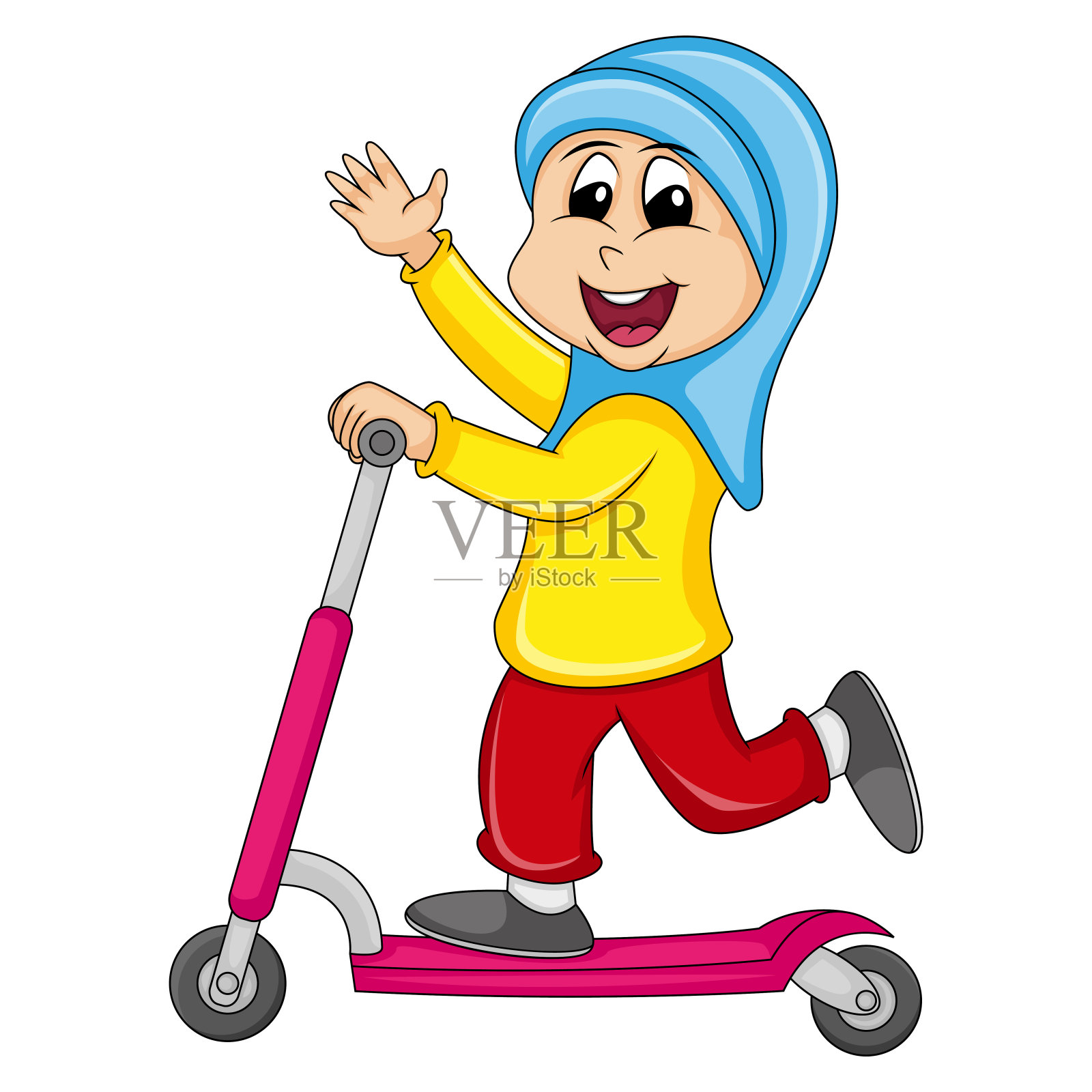 戴着蓝色头巾的女孩骑着一辆滑板车上面画着矢量图设计元素图片