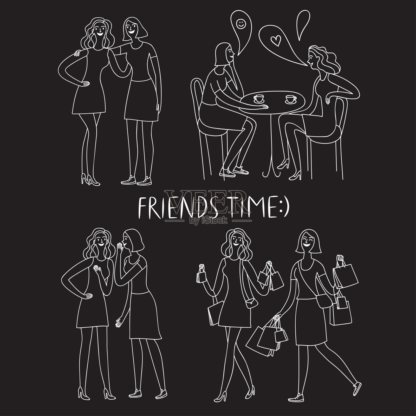 快乐的女孩朋友涂鸦设置在黑色的背景。插画图片素材