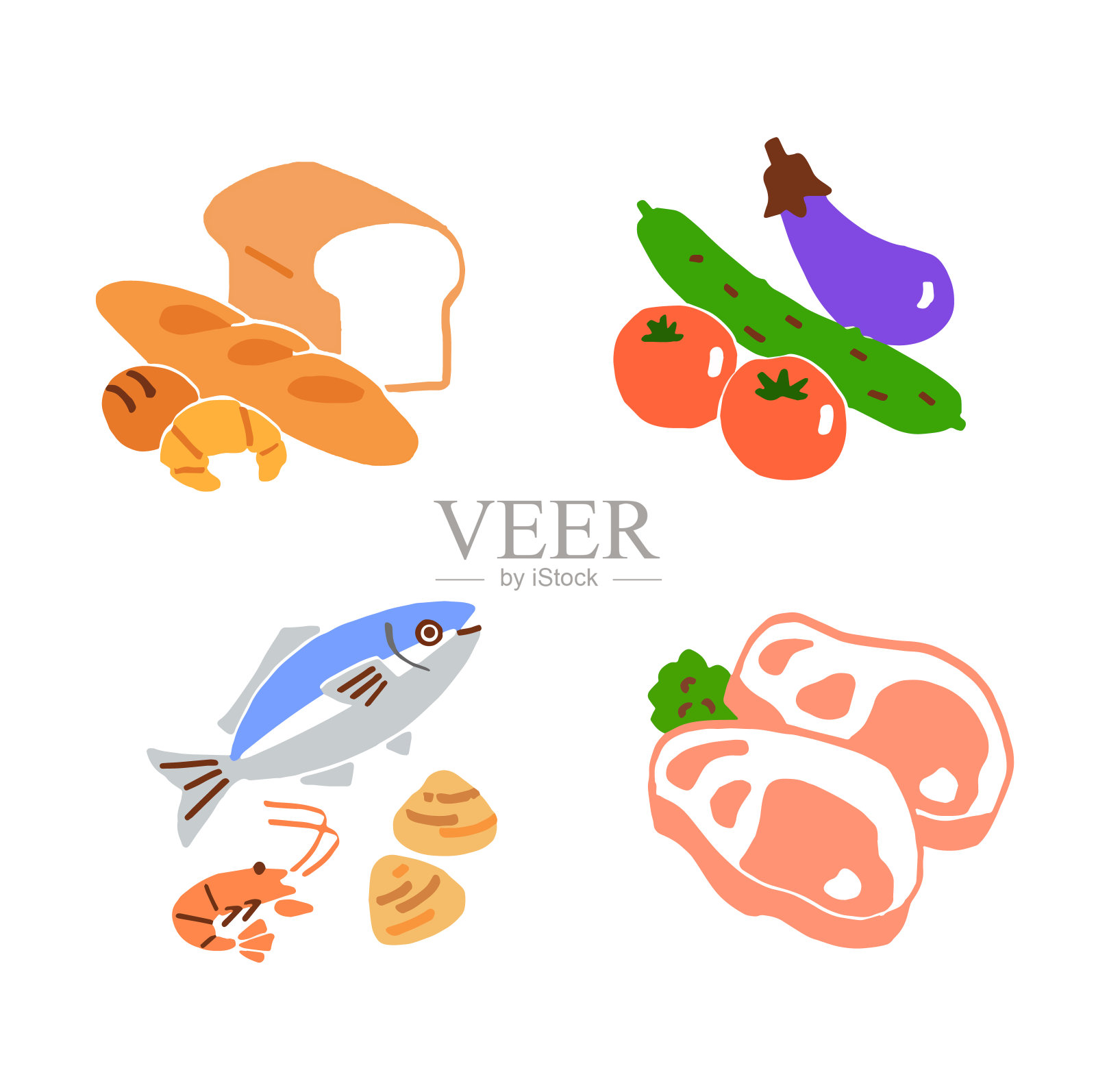 各种食物的图标，如肉，鱼和蔬菜设计元素图片