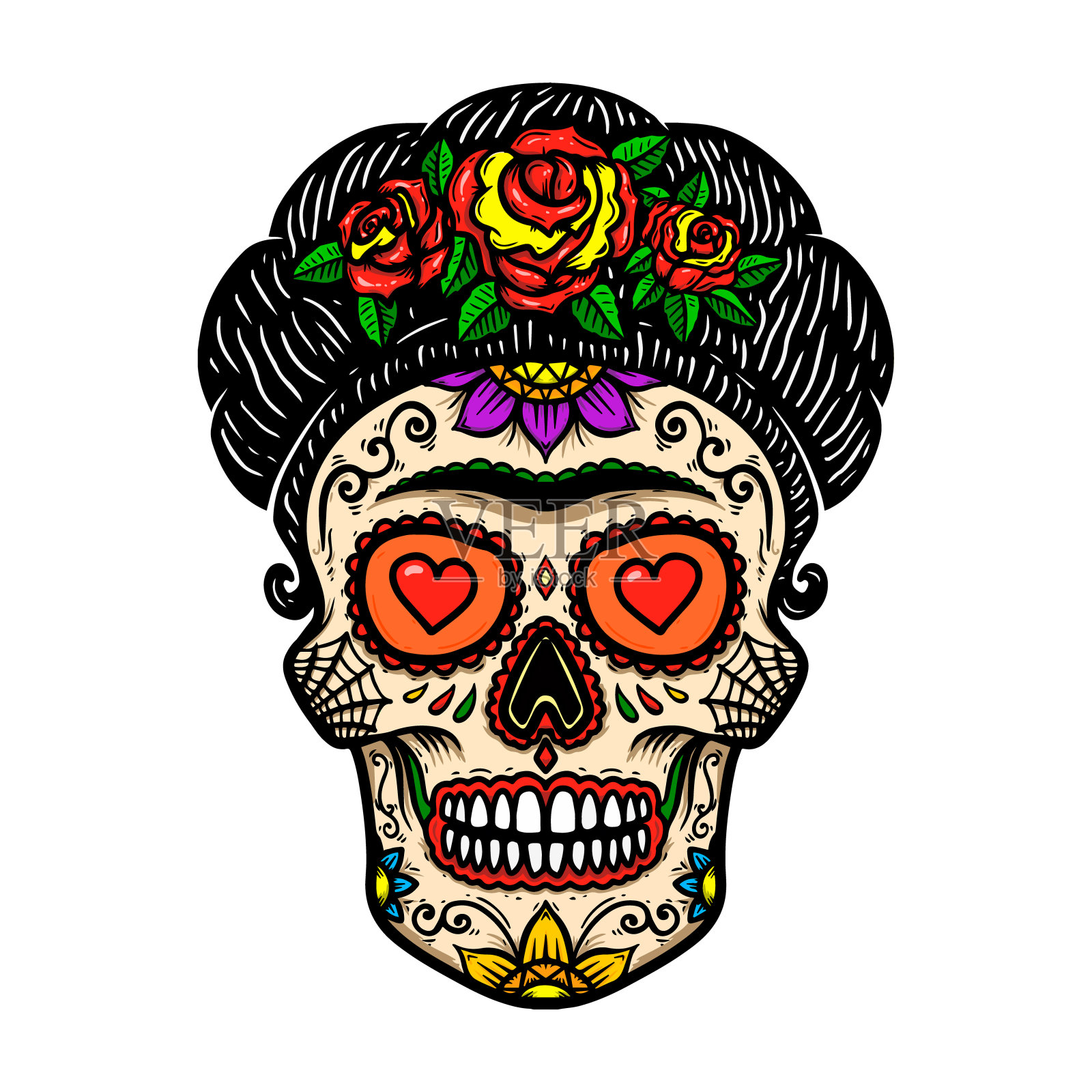 古老的墨西哥妇女头骨孤立在白色的背景。设计元素的标签，标志，海报。矢量图插画图片素材