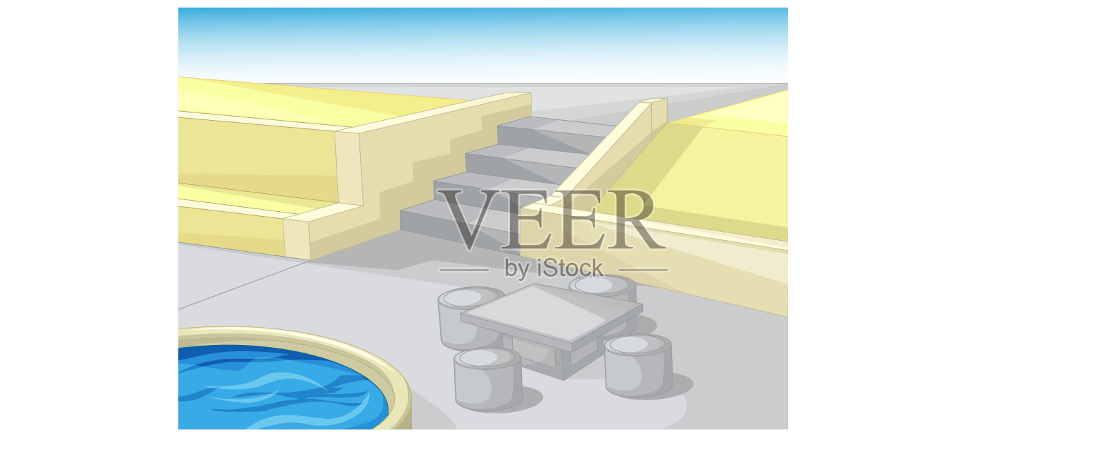 酷公园与水游泳池和桌椅摇滚卡通插画图片素材