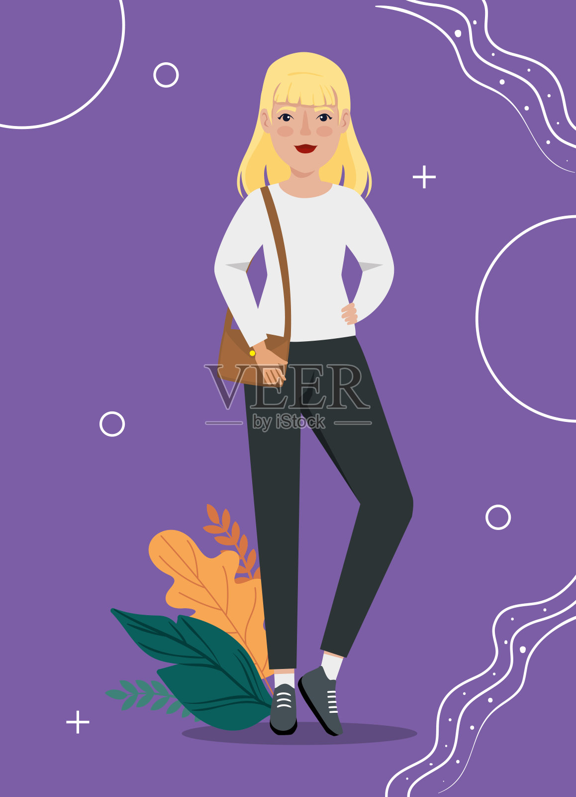 金发女子拿着手提包和树叶站在热带插画图片素材