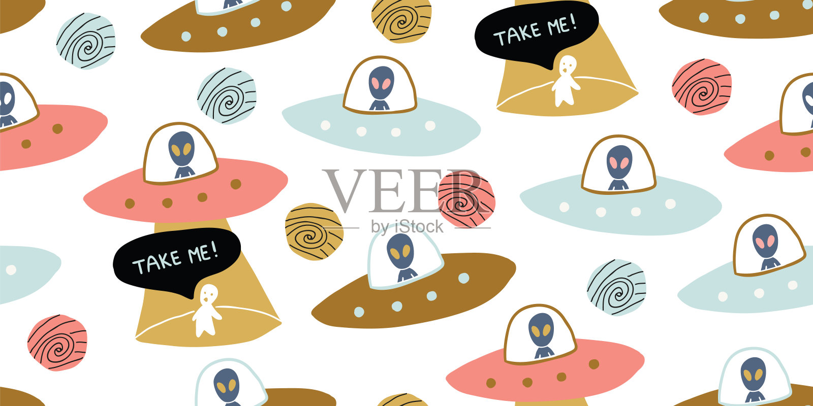 幼稚无缝图案-手绘宇宙不明飞行物插画图片素材