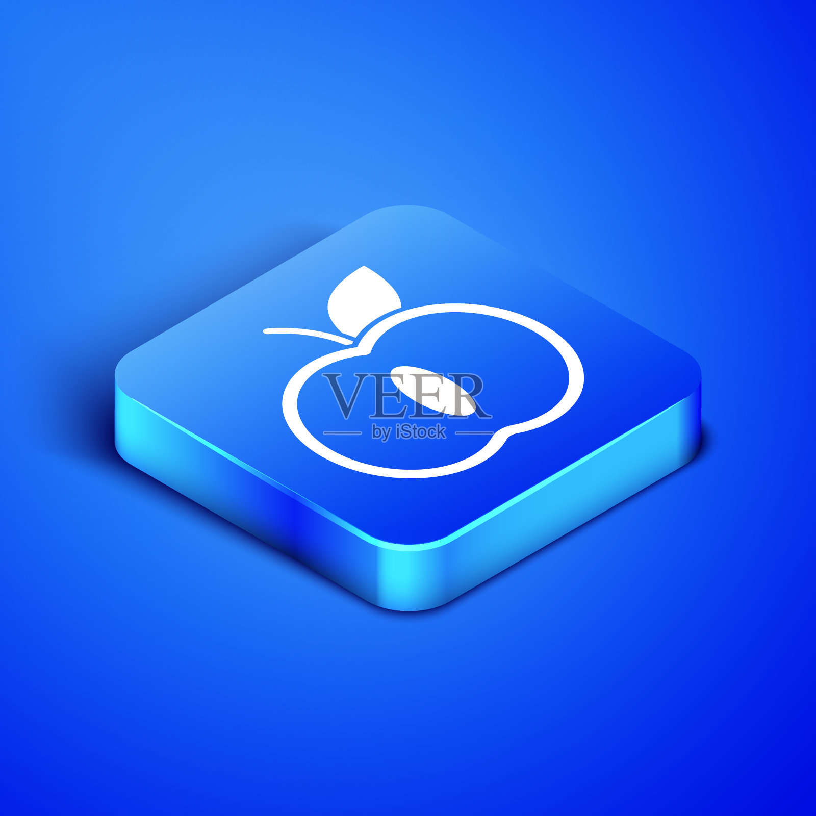 等距苹果图标孤立在蓝色背景。水果与叶子的象征。蓝色方块按钮。矢量图插画图片素材