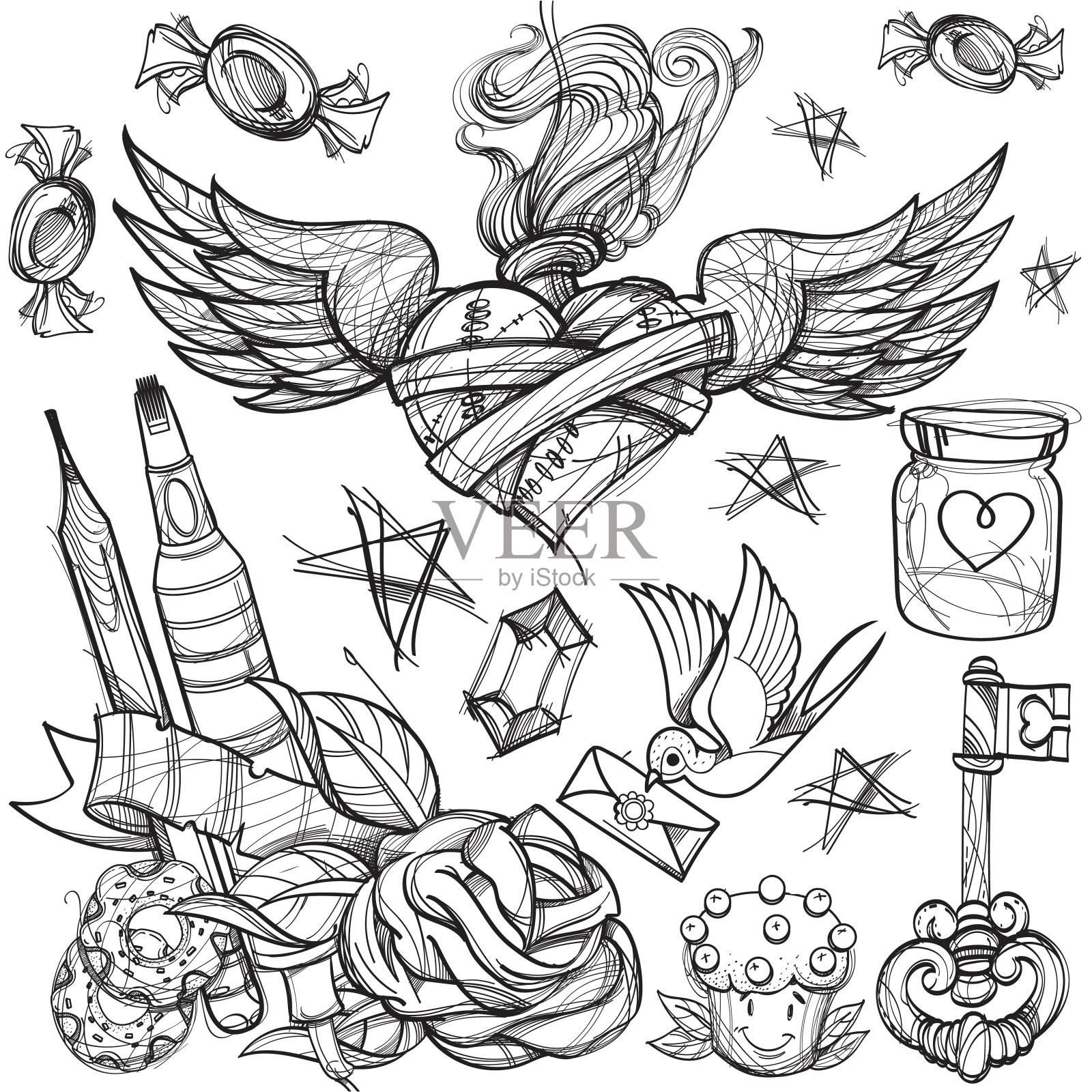 卡通矢量手绘。无色详细设计背景与对象和符号。所有对象都是分开的插画图片素材