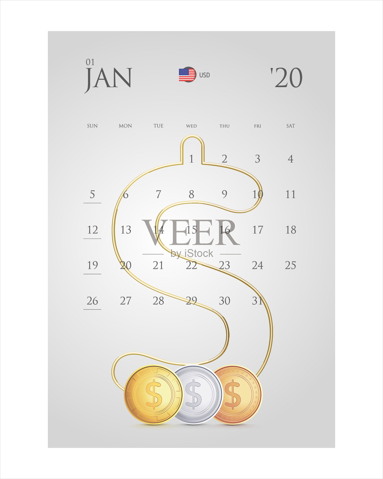 2020年日历的一月页。经营理念。一周从周日开始。设计模板素材