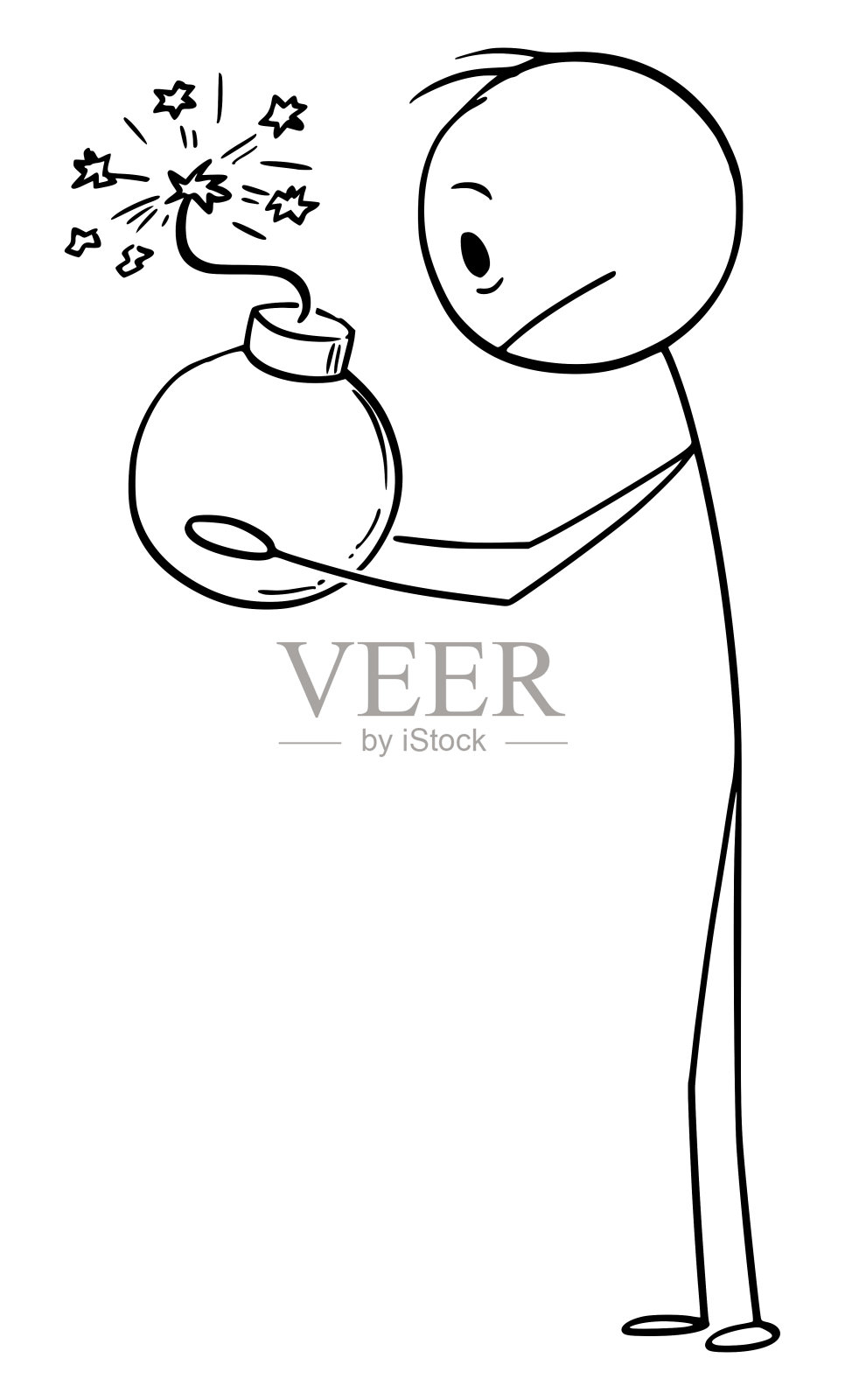 矢量卡通插图的惊讶和沮丧和害怕的人持有激活的炸弹。插画图片素材