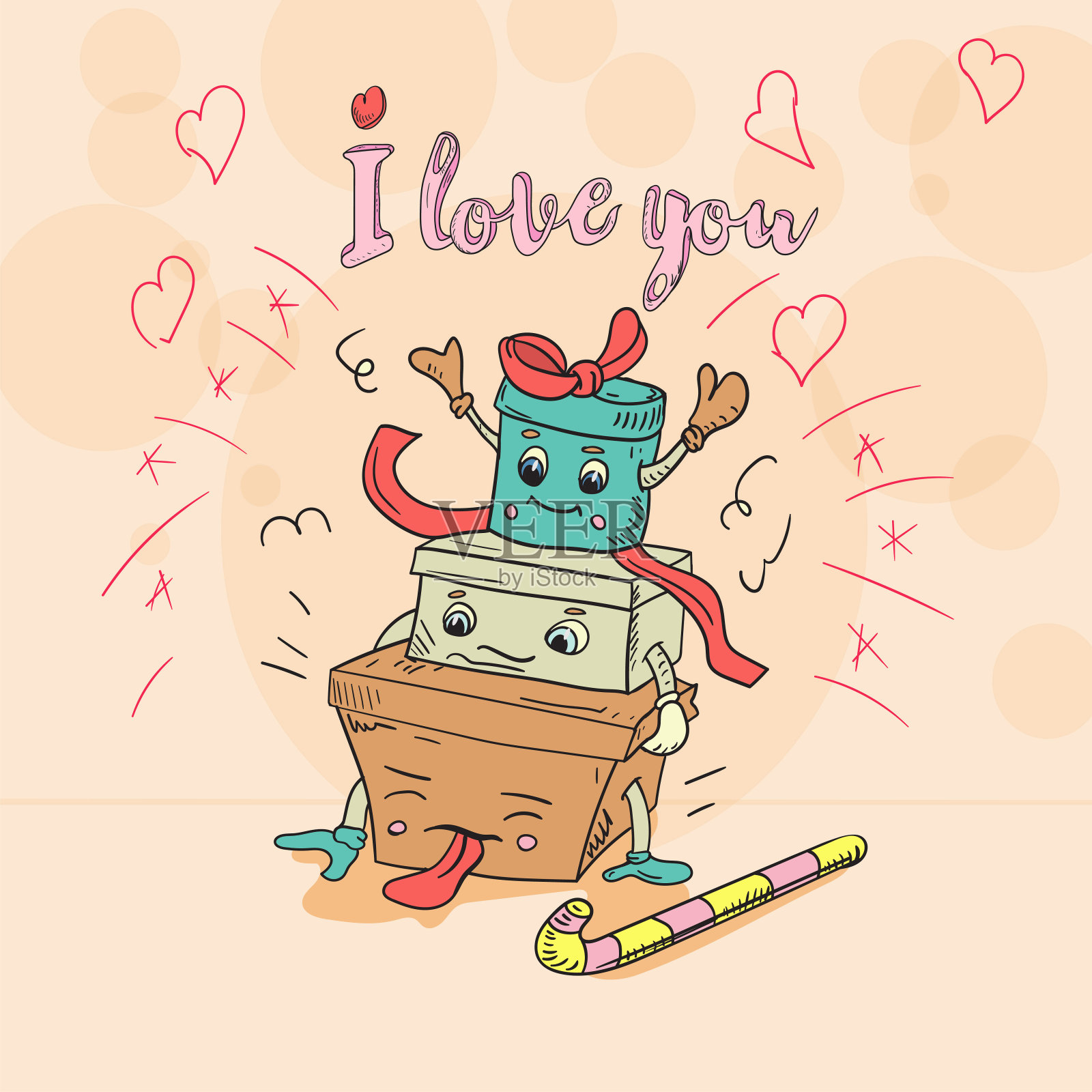 儿童涂鸦风格的插图三个可爱的礼盒站在一起，上面写着“我爱”插画图片素材