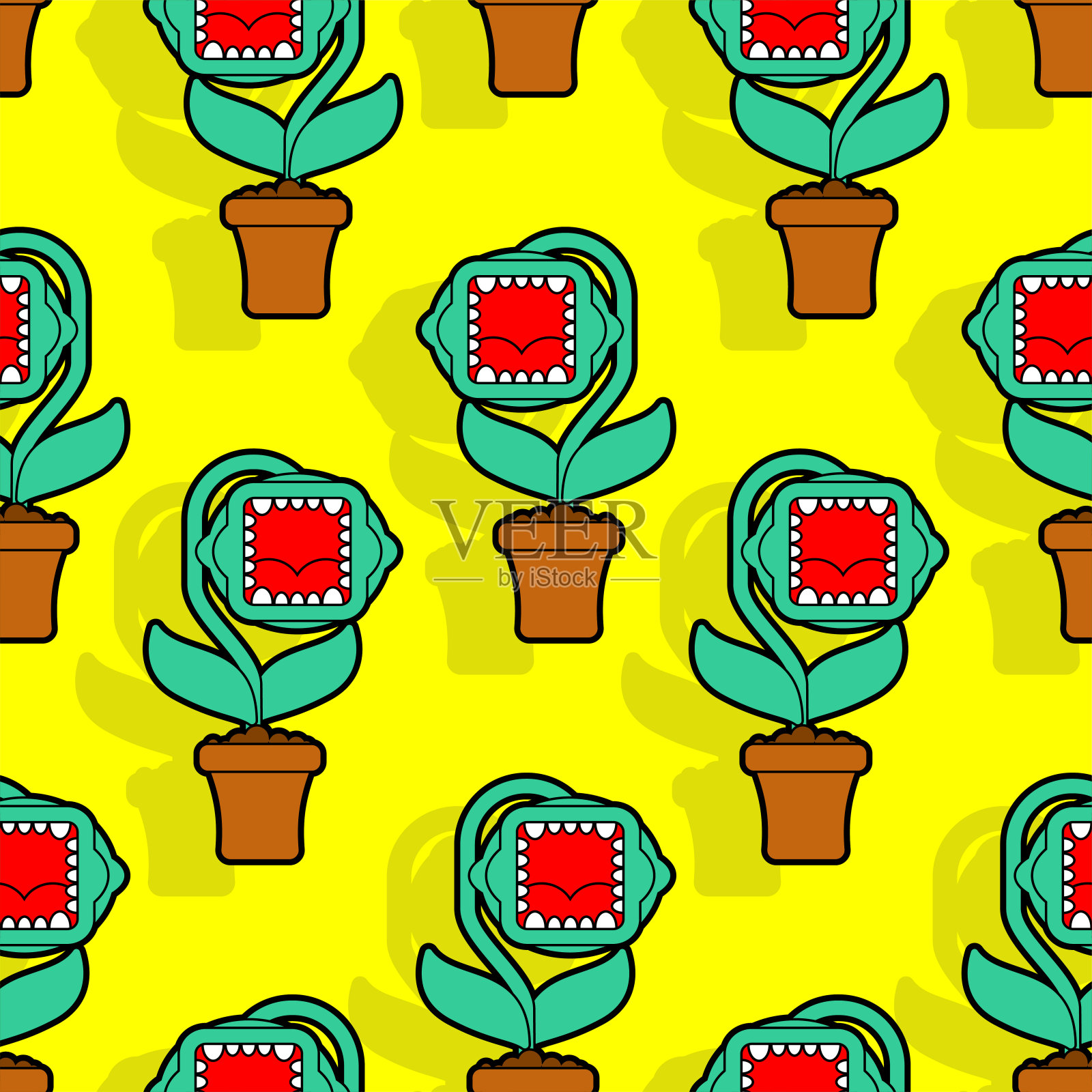 掠食性花与牙齿图案无缝。捕蝇草的背景。矢量纹理插画图片素材