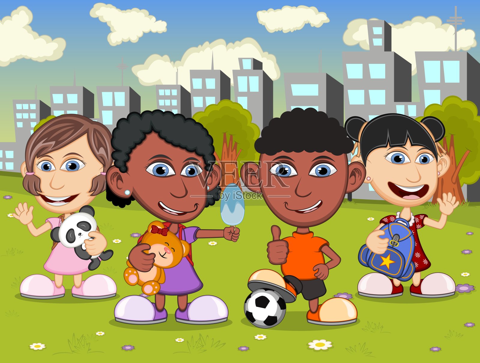 快乐的小朋友在城市的操场上玩耍卡通形象插图插画图片素材