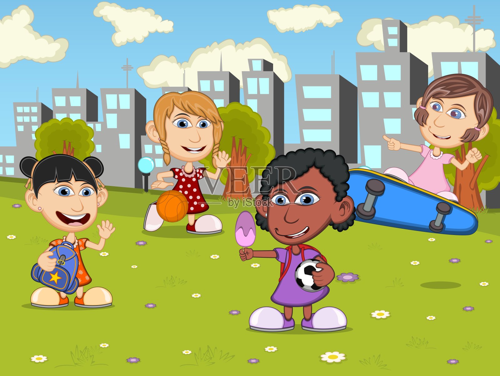 孩子们在公园里玩卡通矢量插图插画图片素材