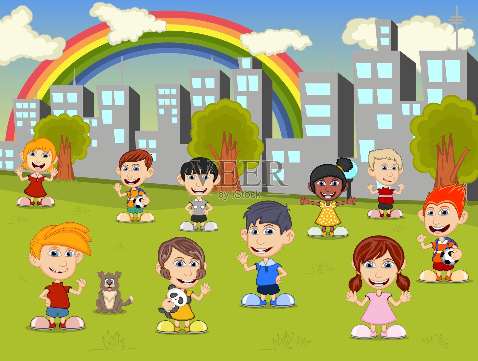 快乐的小朋友在城市的操场上玩耍卡通形象插图插画图片素材