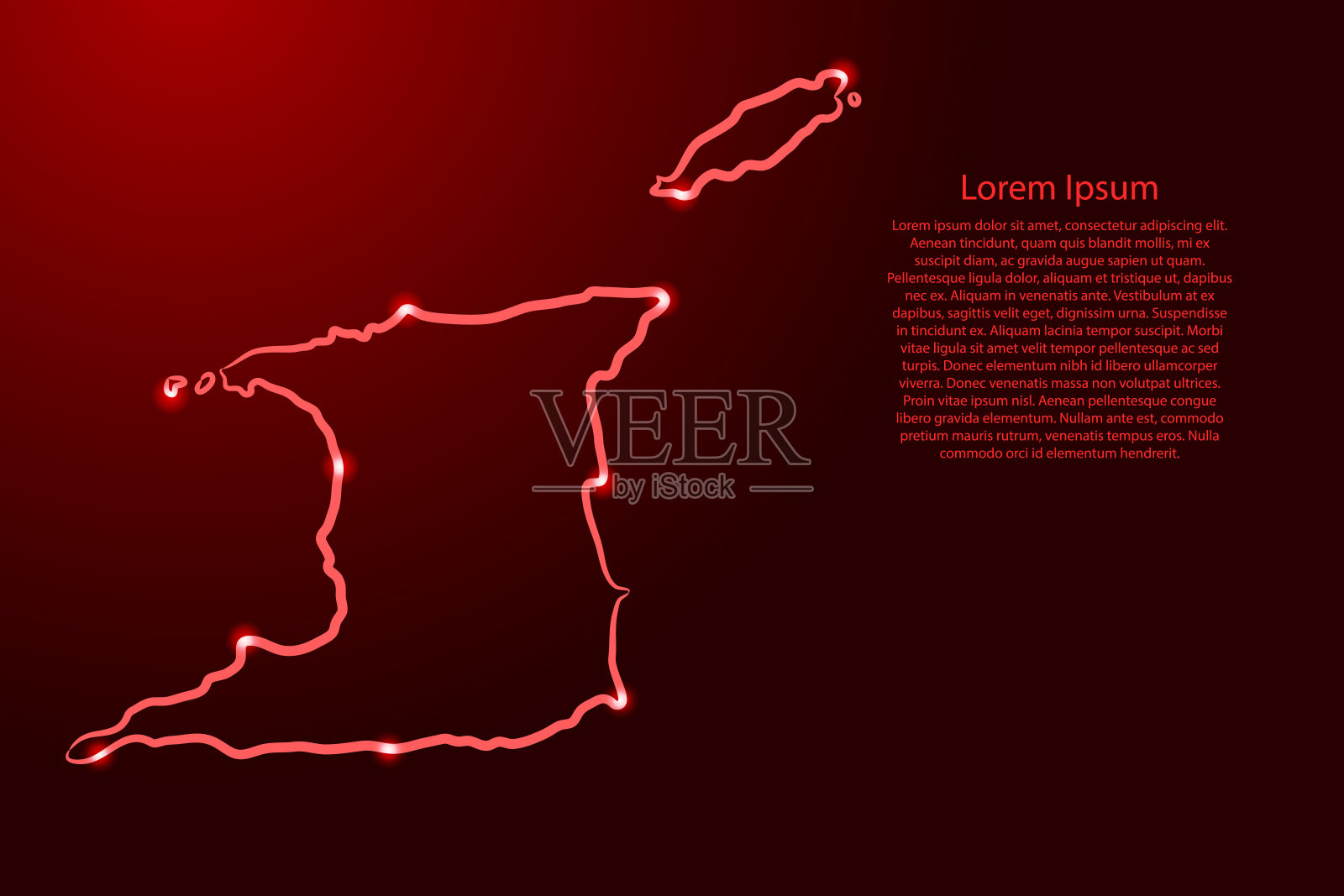 特立尼达和多巴哥地图的等高线由不同粗细的红色笔刷和发光的星星组成，背景为黑暗。矢量插图。插画图片素材