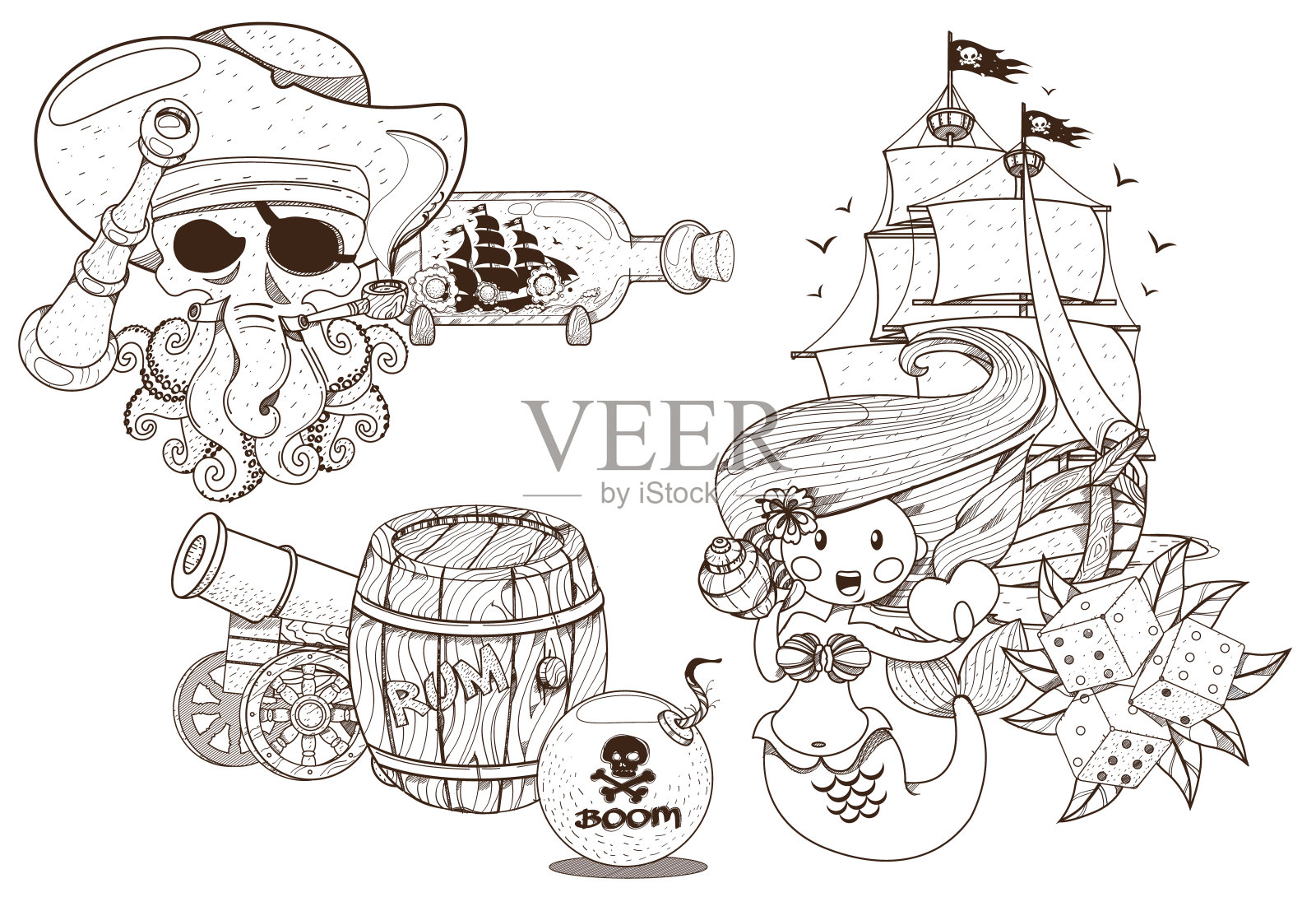 一套黑白插图，以着色盗版物品的大纲。小美人鱼和海盗旗插画图片素材