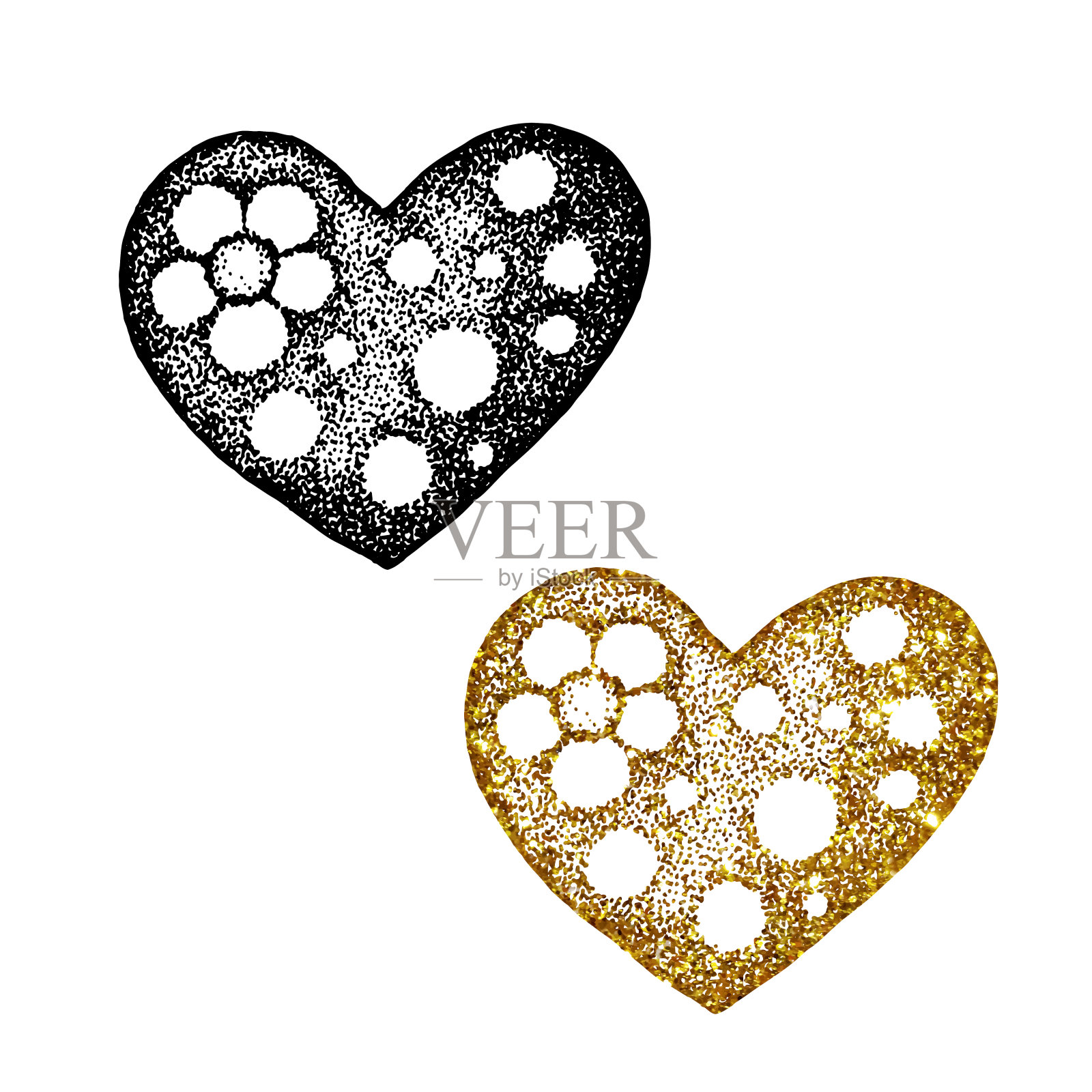 一套黄金和黑色的心与图案。手矢量插图孤立的白色背景。适用于封面设计，情人节，印刷，名片，图标，模板。插画图片素材