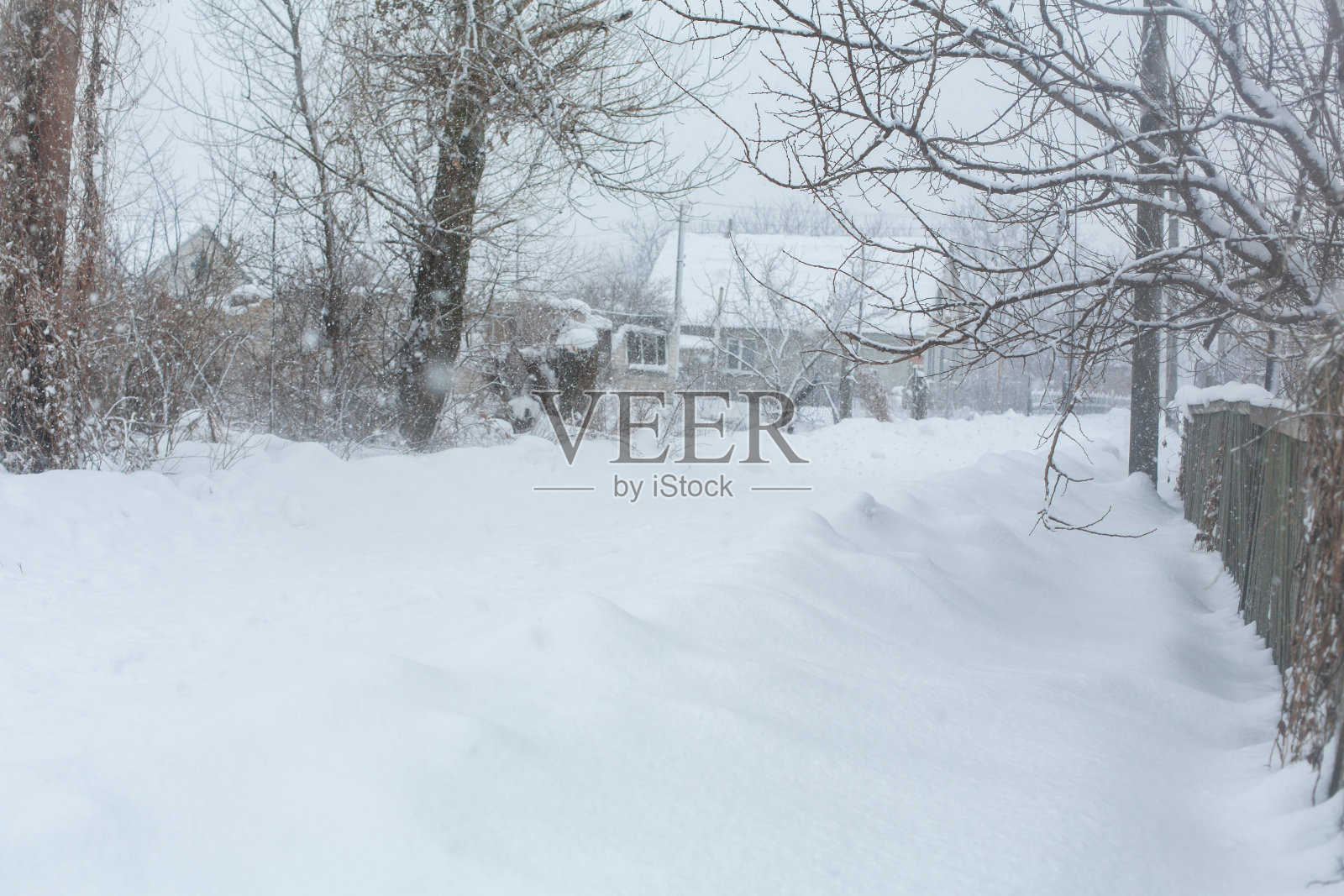 冬天，乡村的街道被雪覆盖。雪暴风雪照片摄影图片