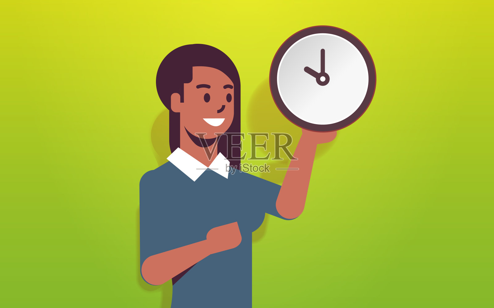 女人拿着时钟时间管理期限概念非裔美国商人女人与闹钟女性卡通人物肖像横插画图片素材