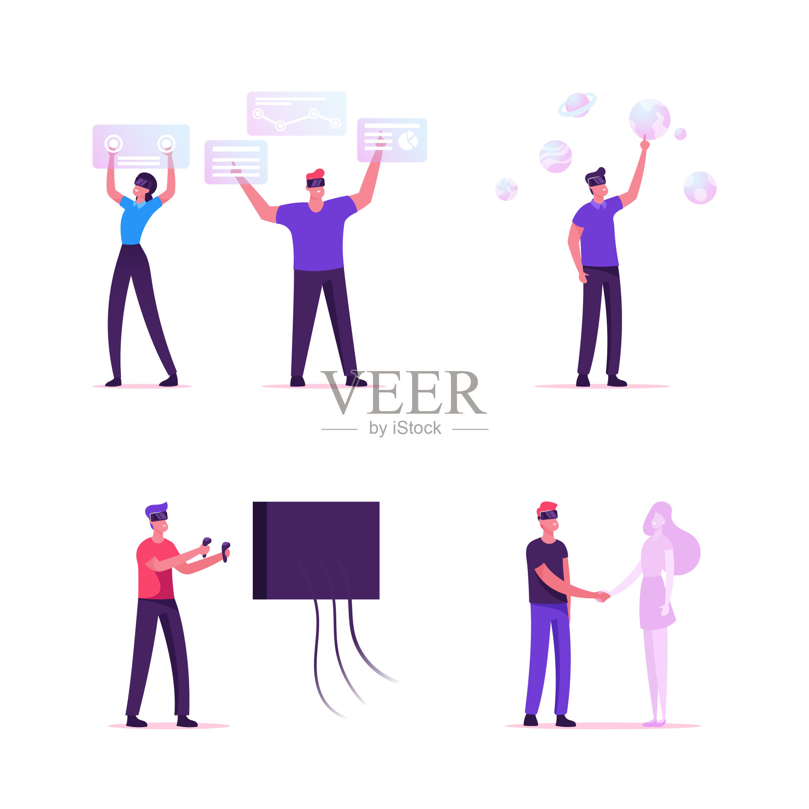 人们使用虚拟现实技术集。男性和女性角色戴着Vr眼镜玩增强现实游戏，工作与数据分析，约会和学习。卡通平面矢量插图插画图片素材
