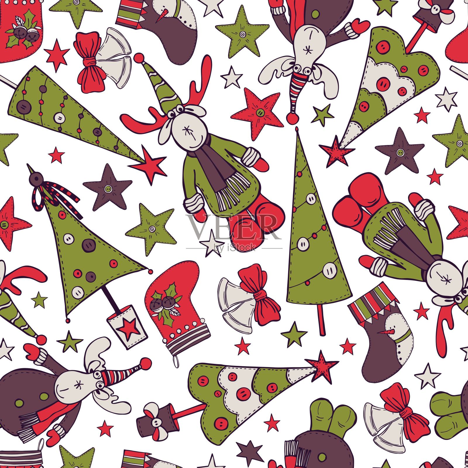 圣诞图案与麋鹿和圣诞树。插画图片素材