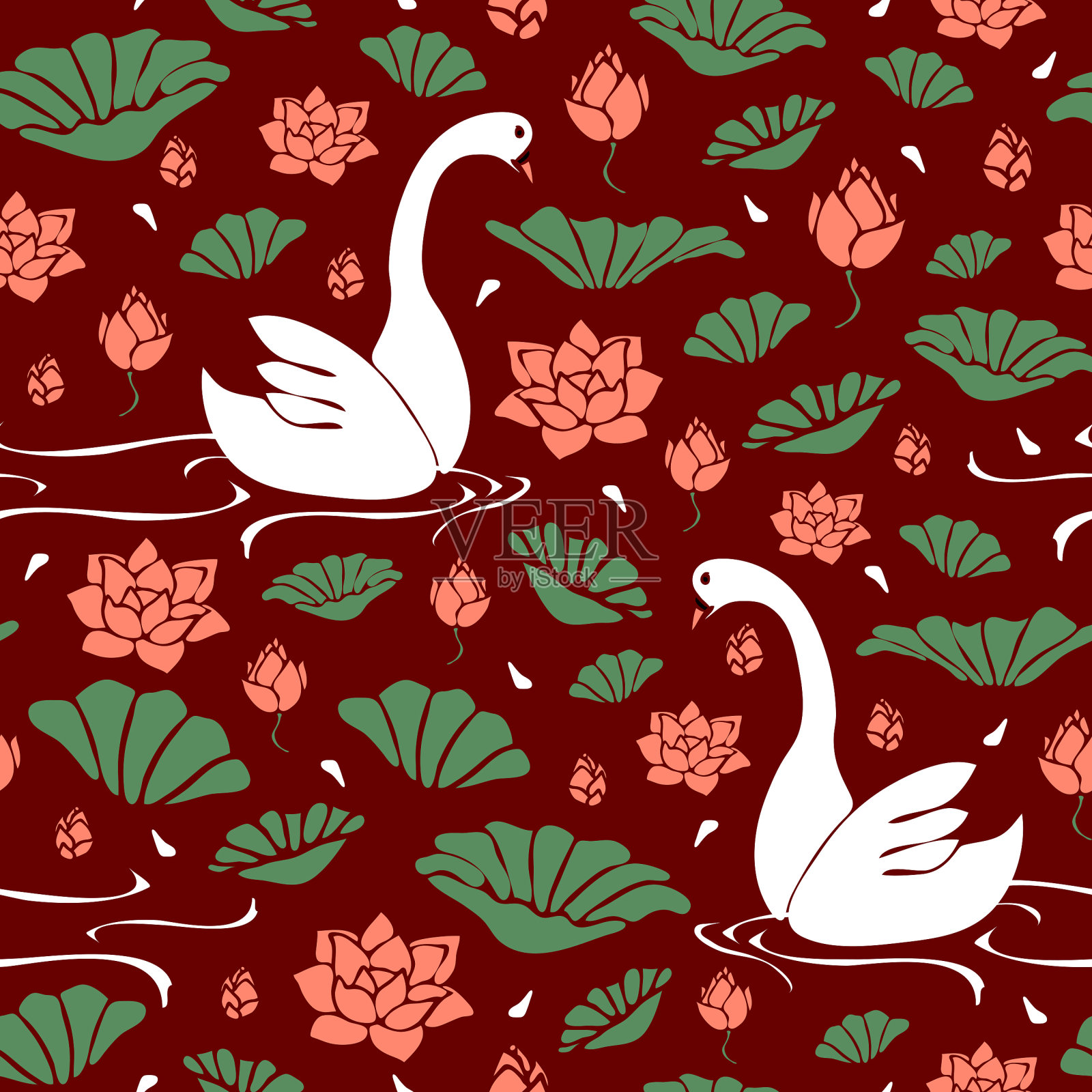 无缝矢量模式与天鹅和louts花在深红色的背景。简单的鸟游泳。桃花心木花卉墙纸设计插画图片素材