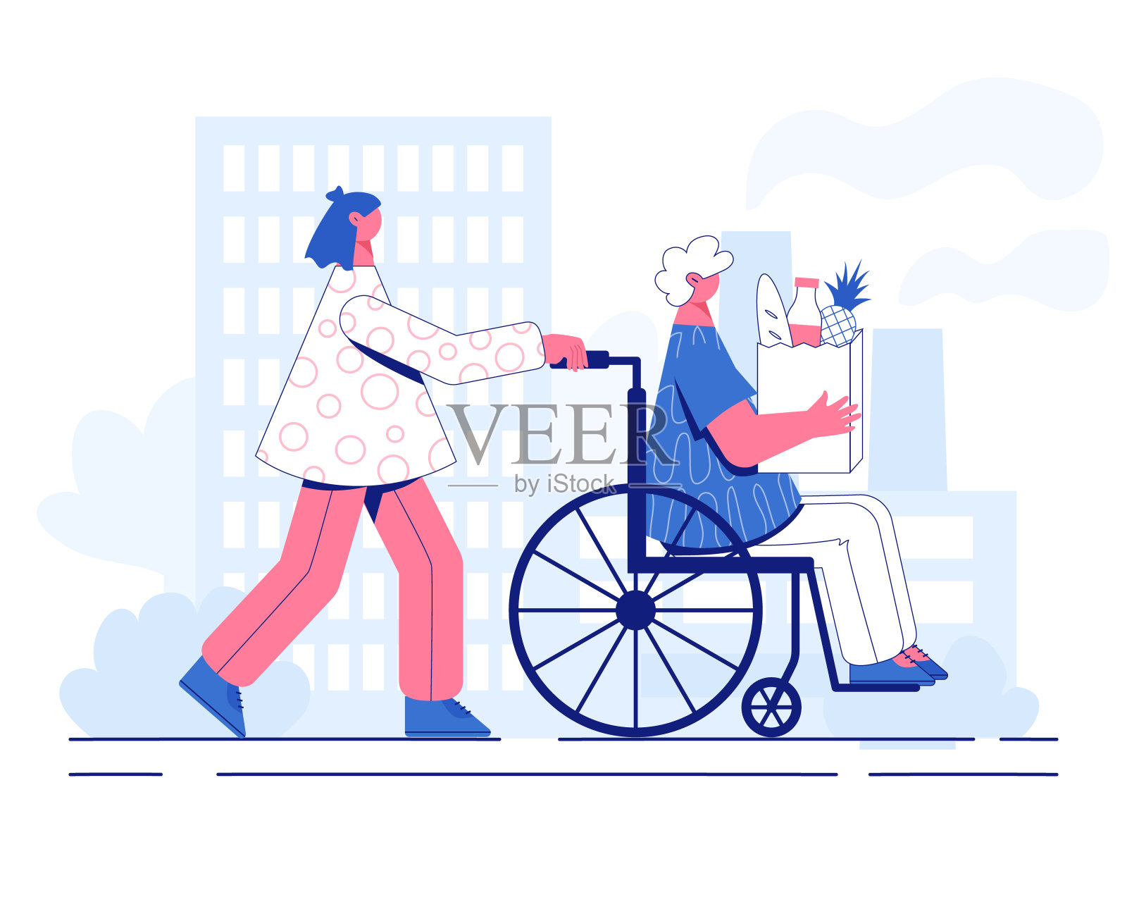 志愿者帮助残疾人。坐轮椅的女人。插画图片素材